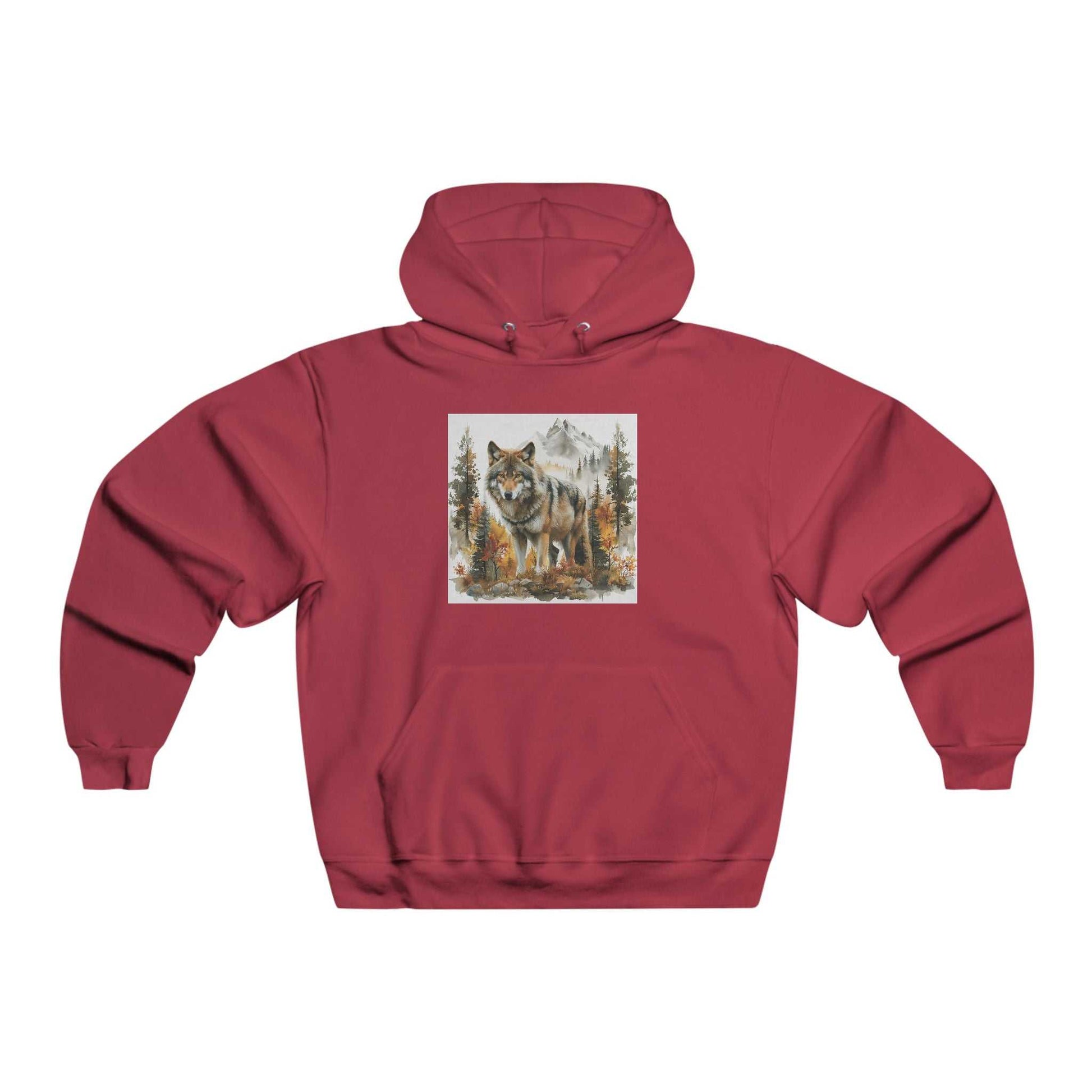 Men's Wilderness Wolf Hoodie in red with wolf and nature graphic, cotton blend, cozy and stylish.