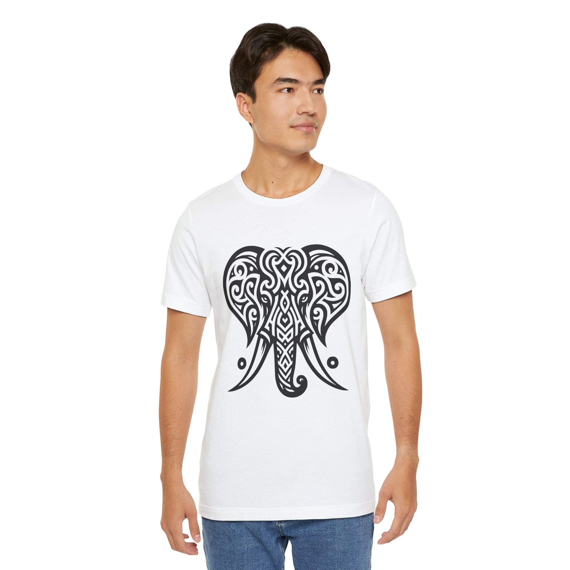 Tribal Elephant T-Shirt – Bold Black Tattoo Art on White Tee