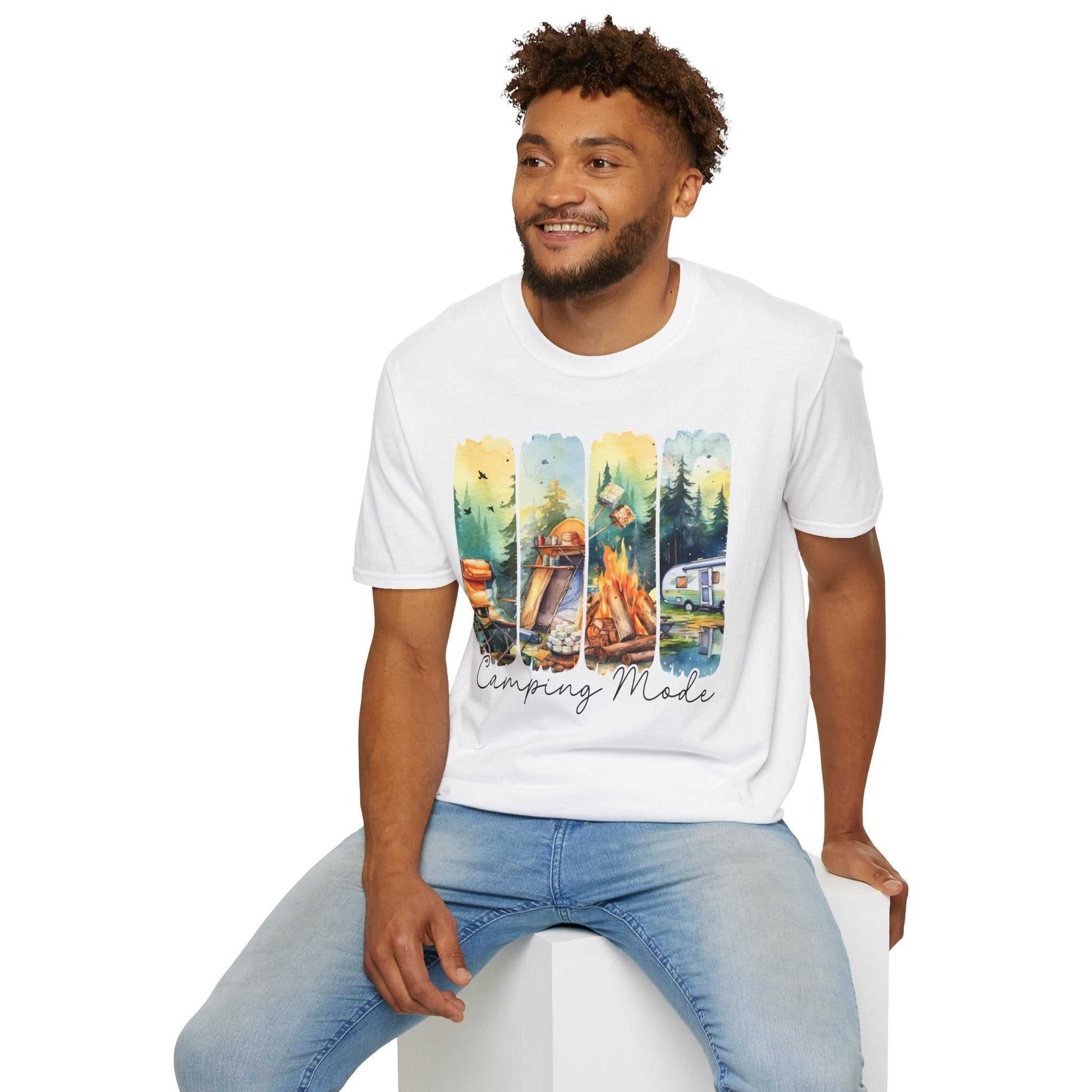 Man wearing white Camping Adventure Unisex T-Shirt with colorful camping-themed design, paired with blue jeans.