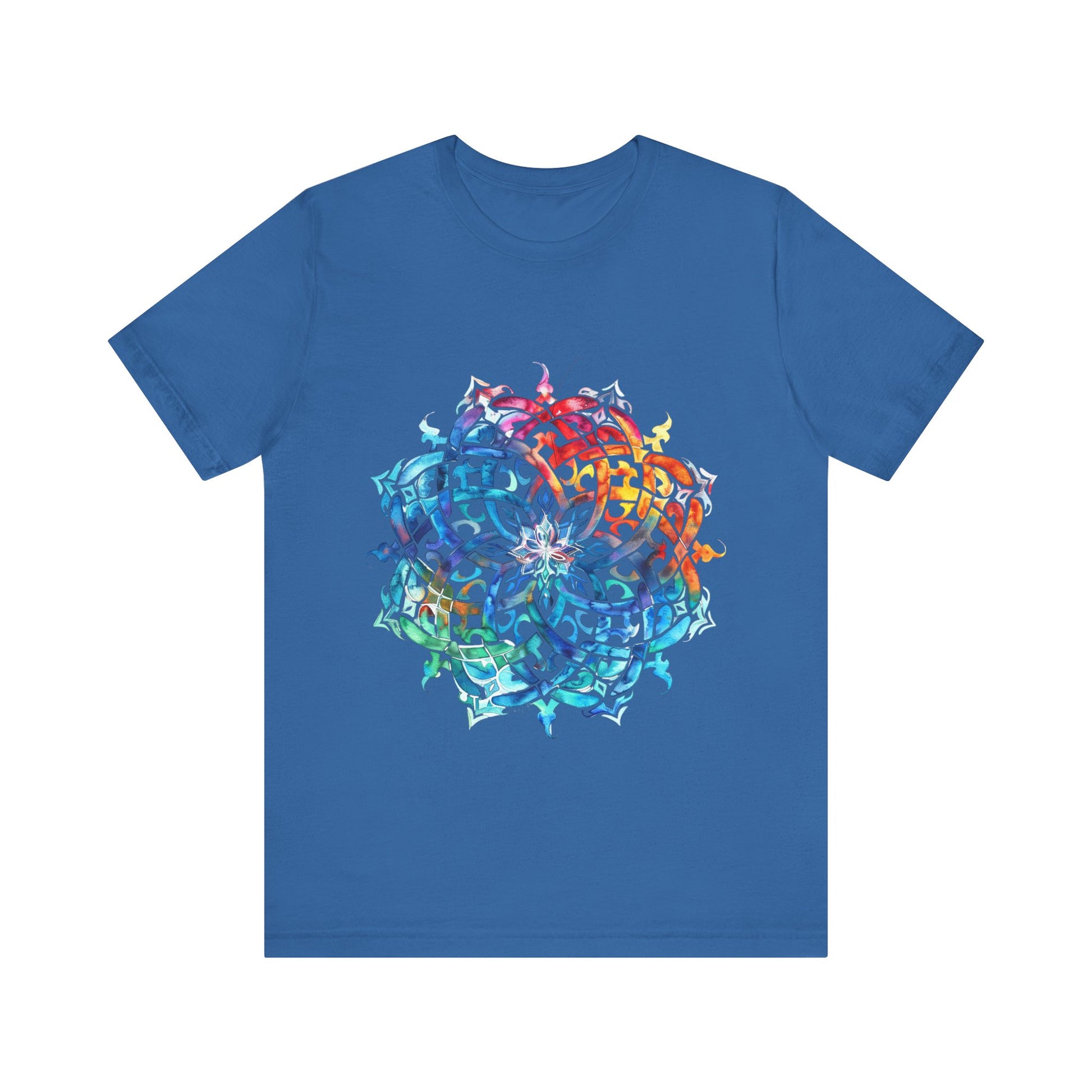 Artistic tee with a radiant rainbow mandala design, available in vibrant color options