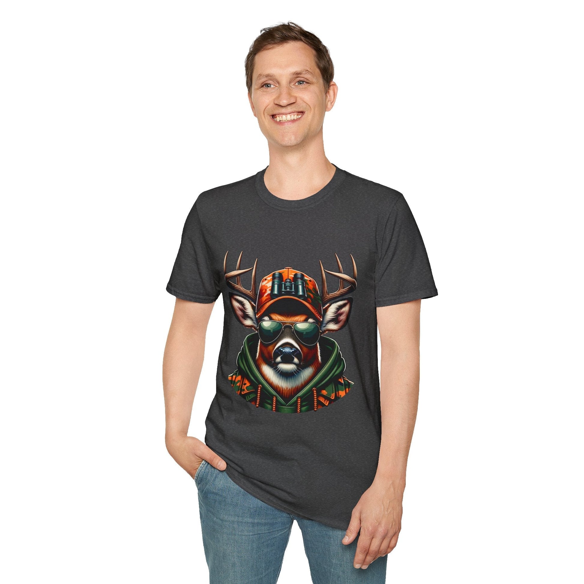 Man wearing dark hunting enthusiast t-shirt with deer graphic in sunglasses and cap, casual style