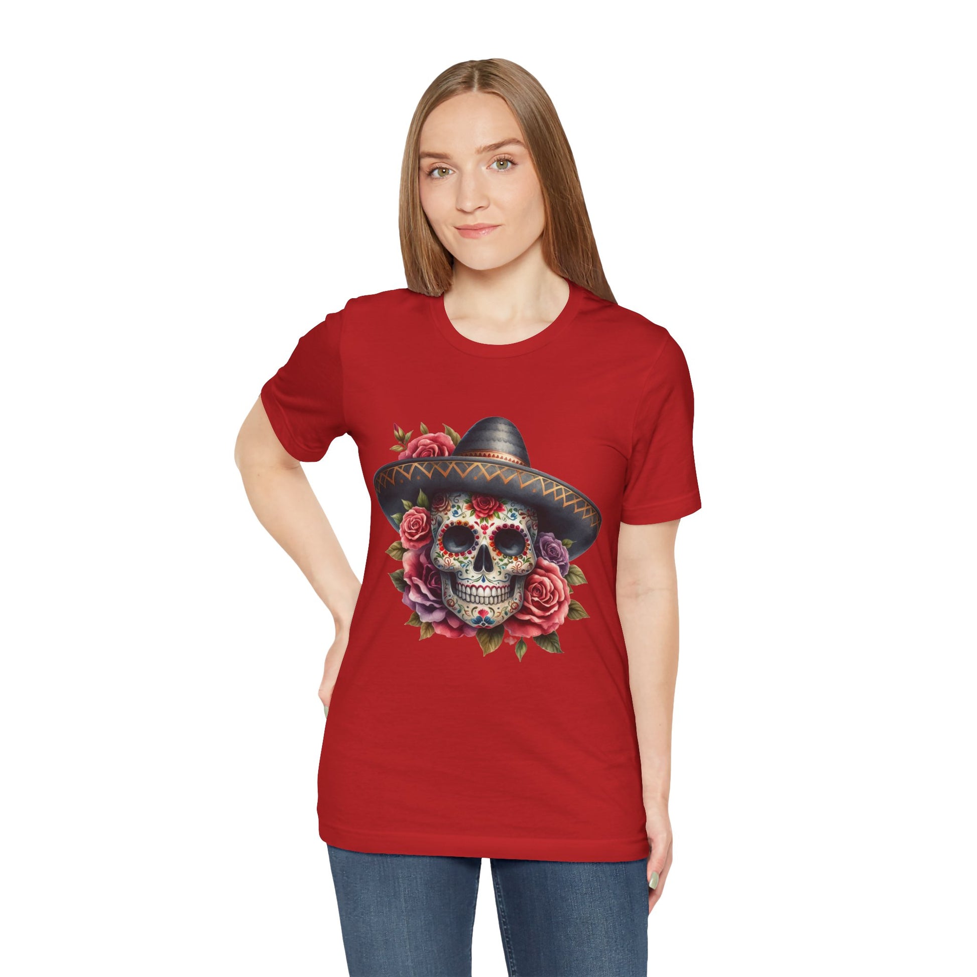 Colorful tee featuring a sugar skull in sombrero and roses for vibrant fiesta vibes