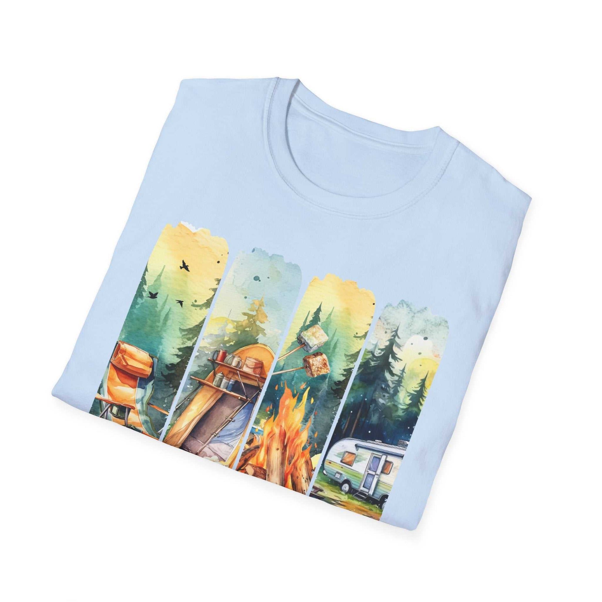 Light blue unisex Camping Adventure T-Shirt with colorful outdoor and campfire design.