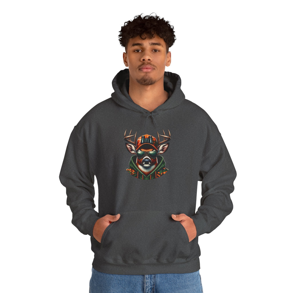 Man wearing dark hooded sweatshirt with bold deer graphic design and kangaroo pocket