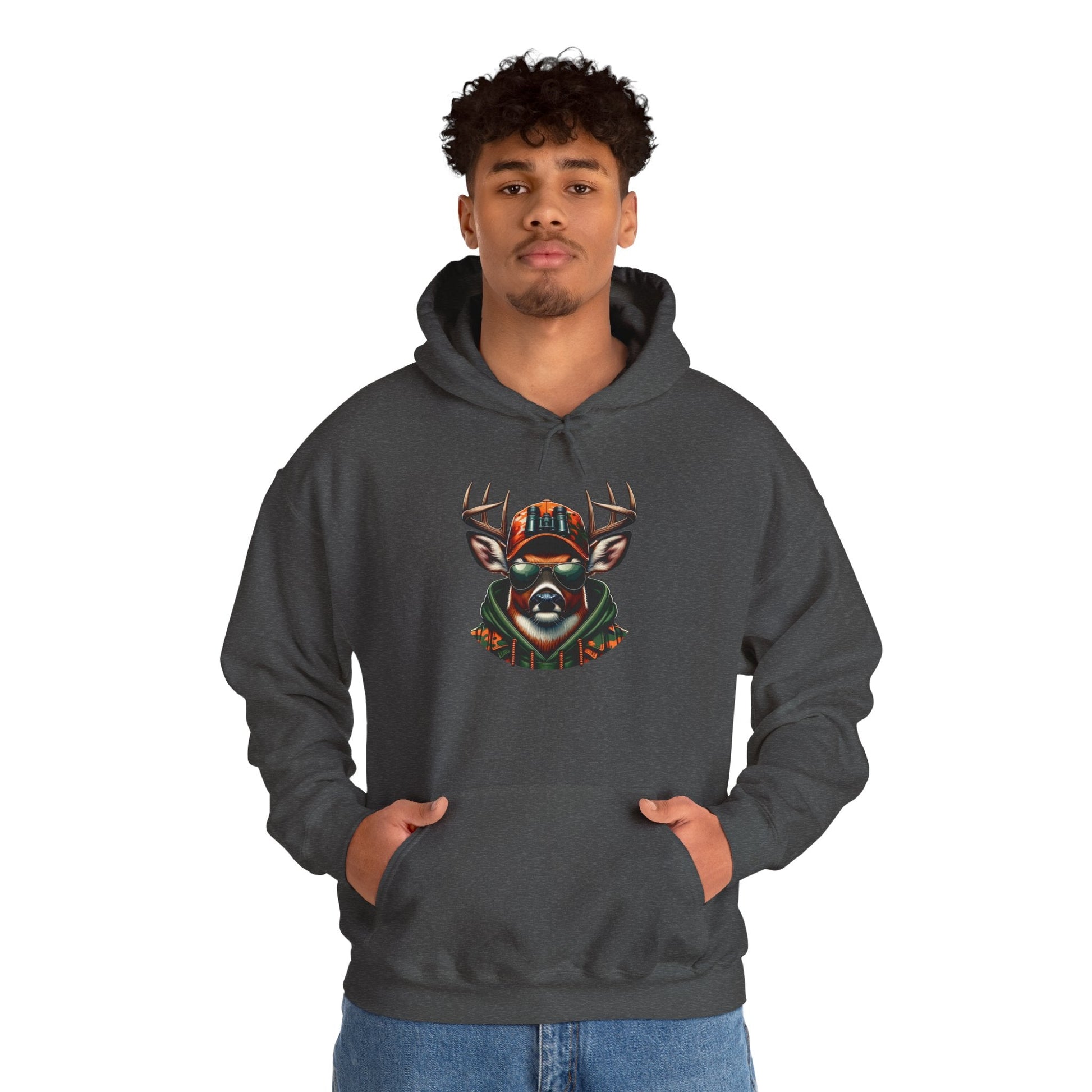 Man wearing dark hooded sweatshirt with bold deer graphic design and kangaroo pocket