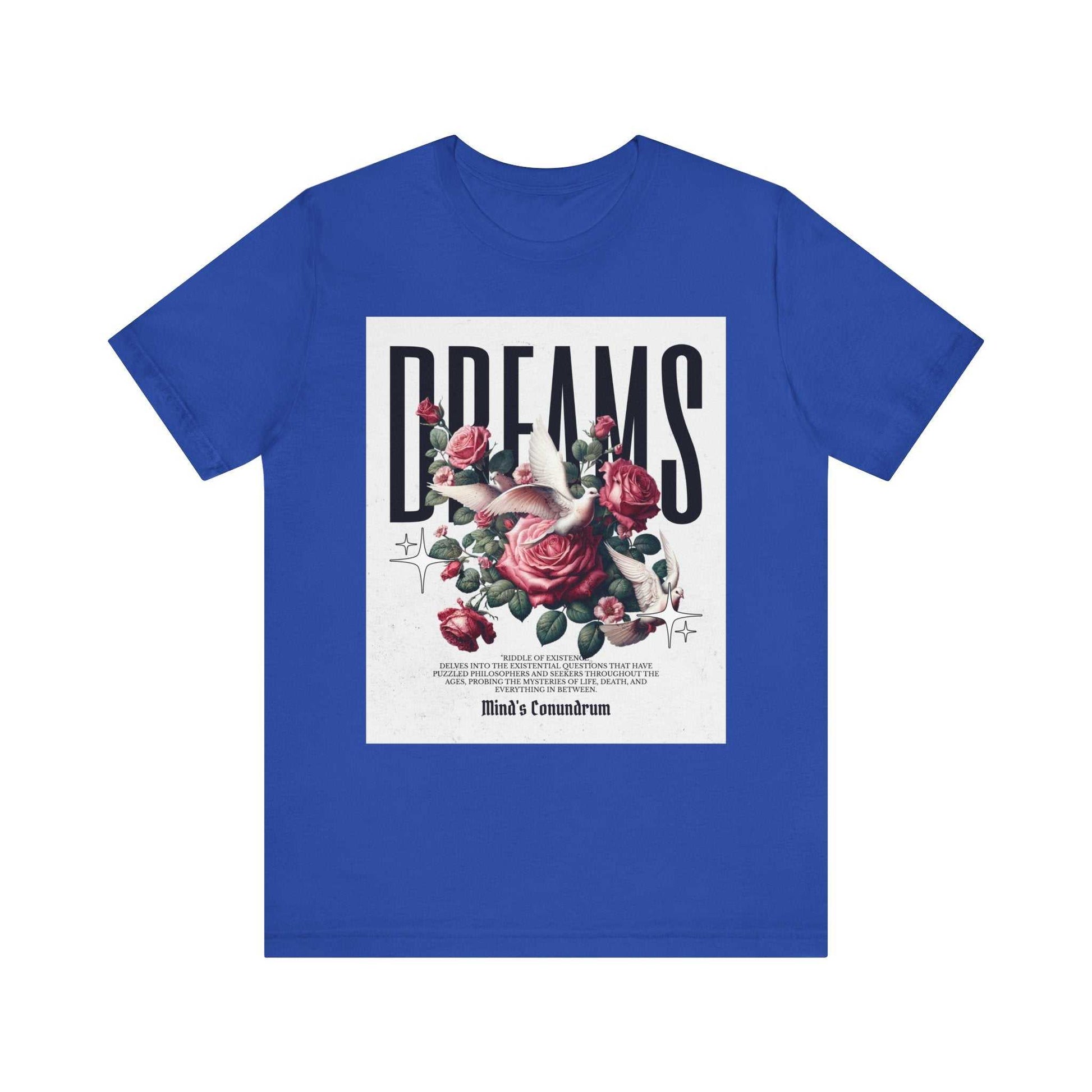 Blue Dreams Floral Tee with bold typography and red rose bouquet graphic on front