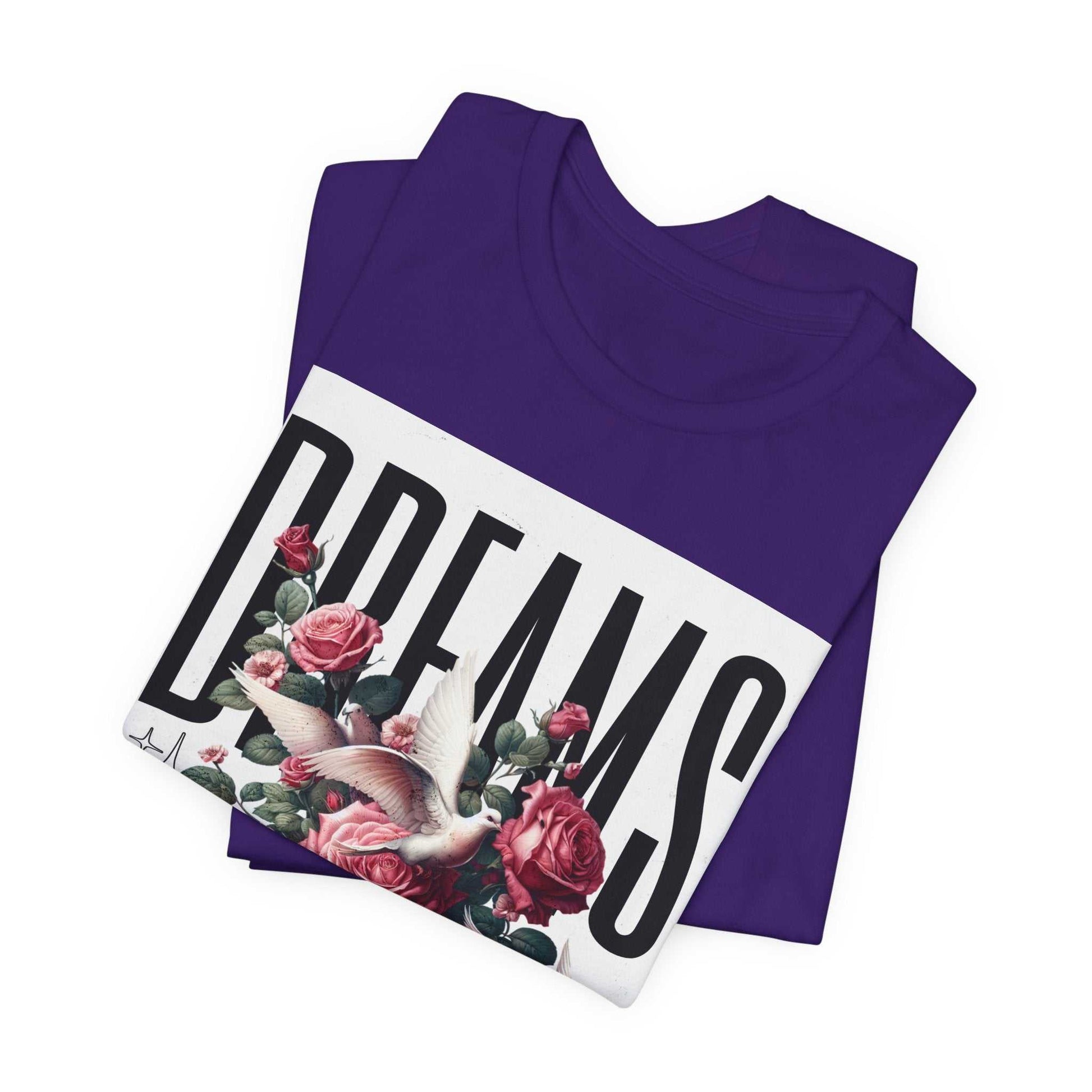 Purple Dreams Floral Tee featuring bold typography and rose design on soft cotton