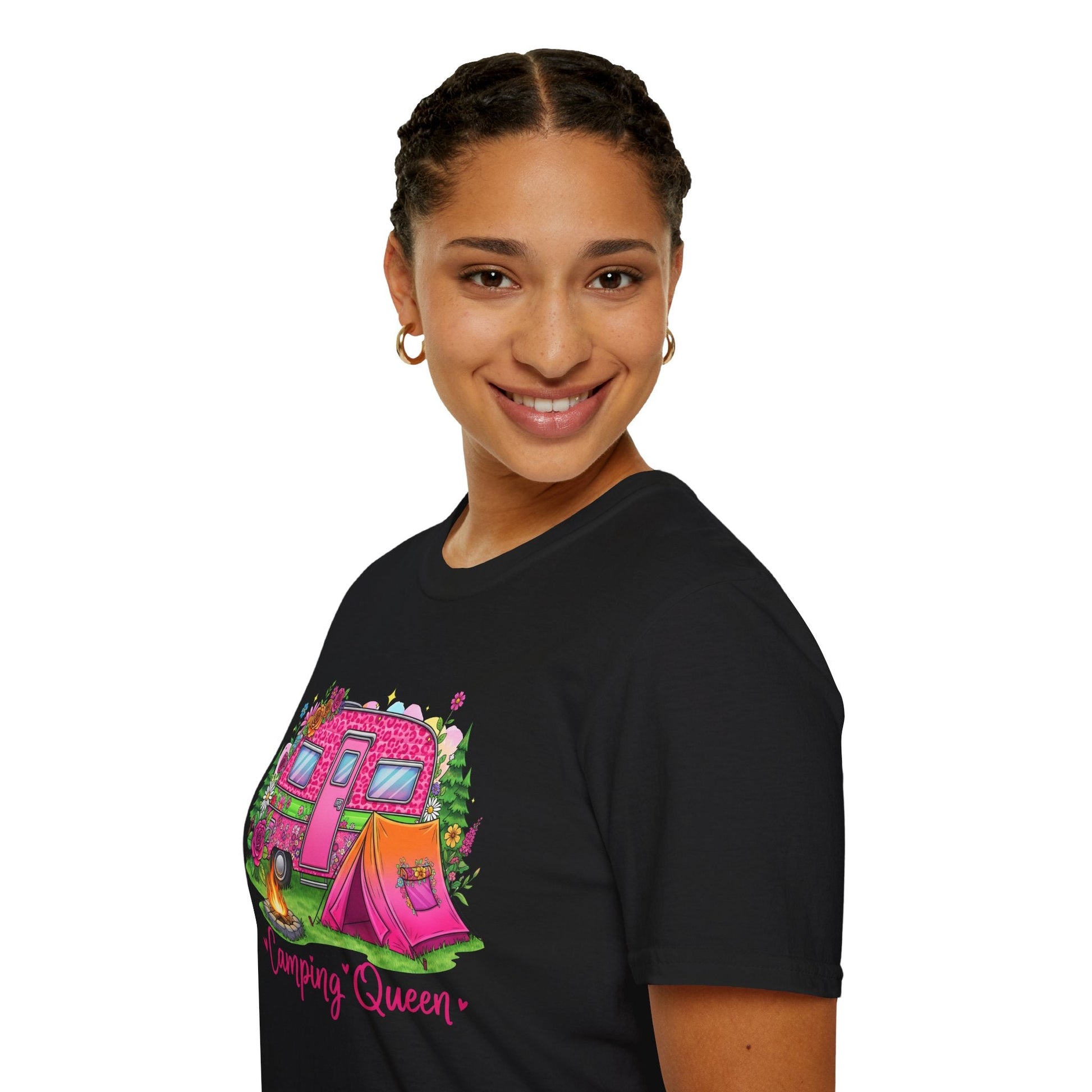 Woman wearing black Camping Queen T-Shirt with colorful camping design featuring a camper and tent