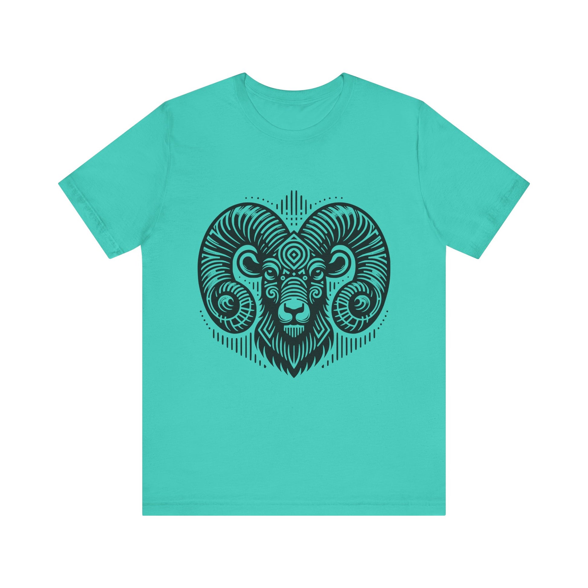 Striking tee with an intricate black tribal ram design, offered in vibrant color options