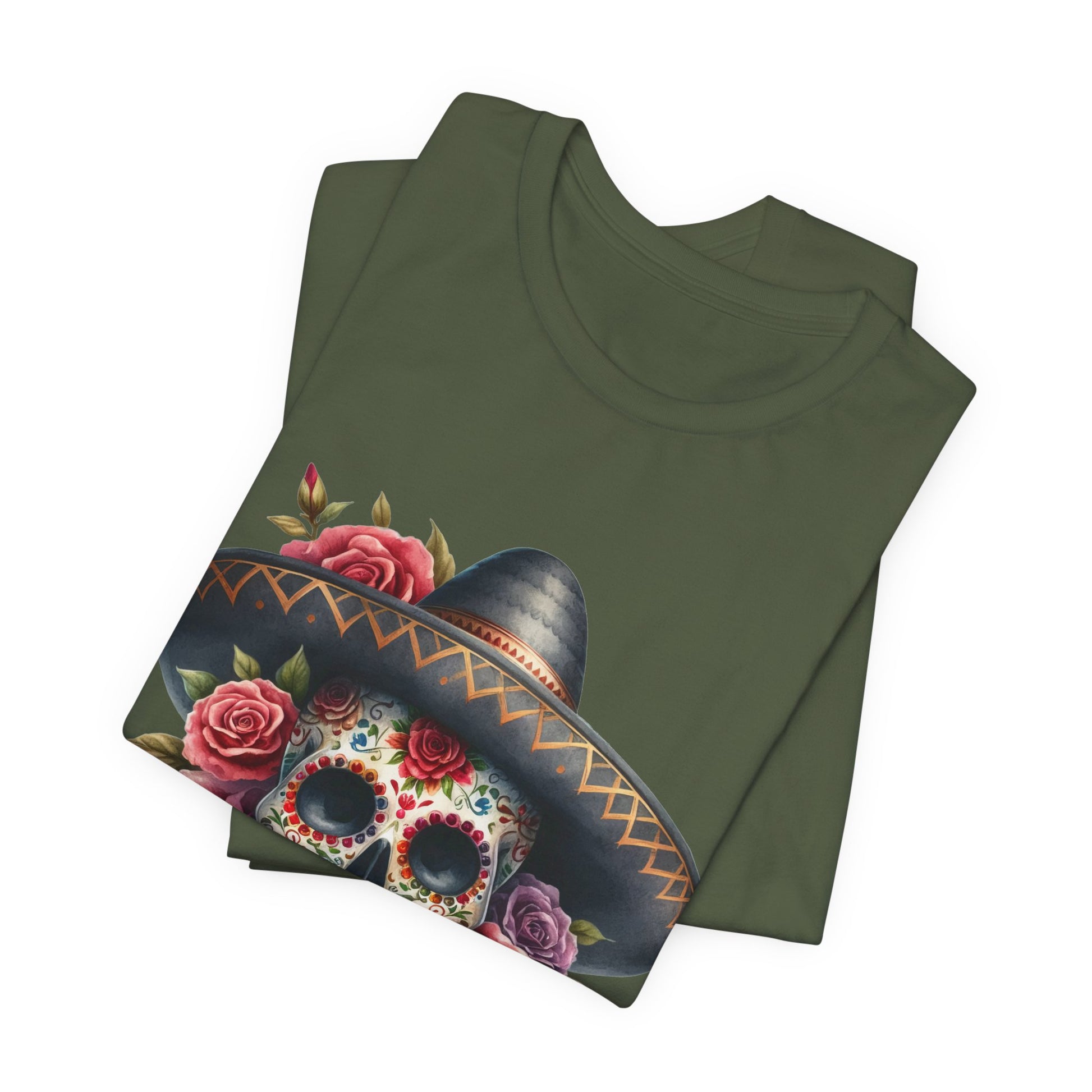 Colorful tee featuring a sugar skull in sombrero and roses for vibrant fiesta vibes