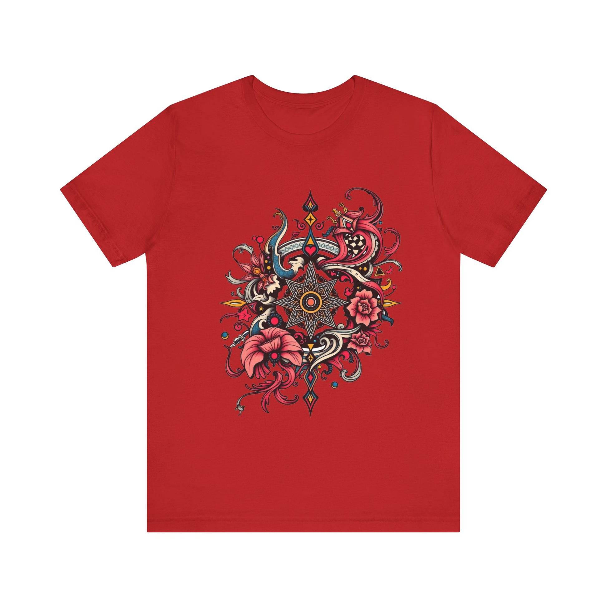 Vibrant tee with ornate red floral mandala design, offered in multiple bold color options