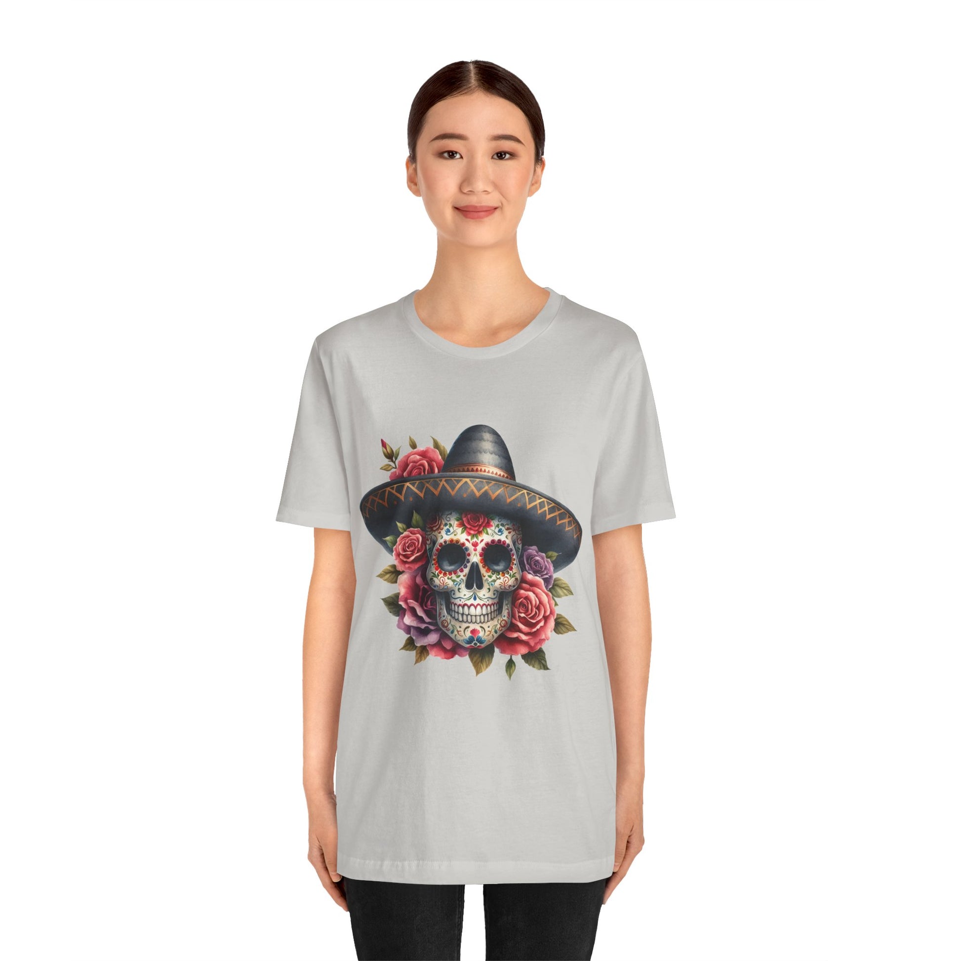 Colorful tee featuring a sugar skull in sombrero and roses for vibrant fiesta vibes