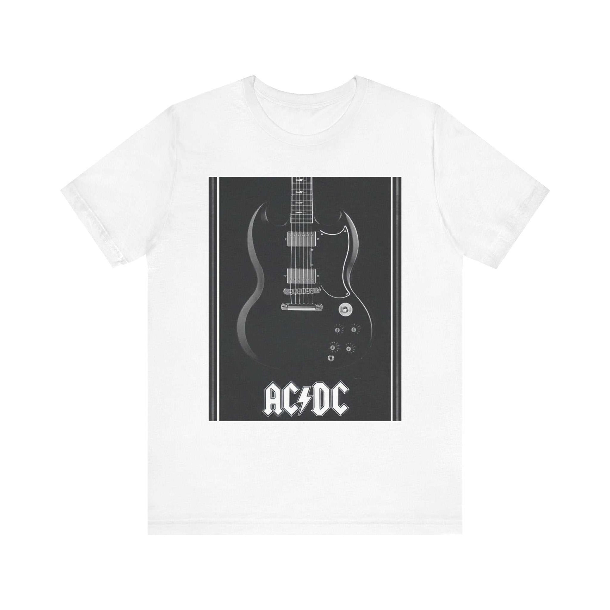 White unisex short sleeve tee featuring a black electric guitar graphic and AC/DC logo.
