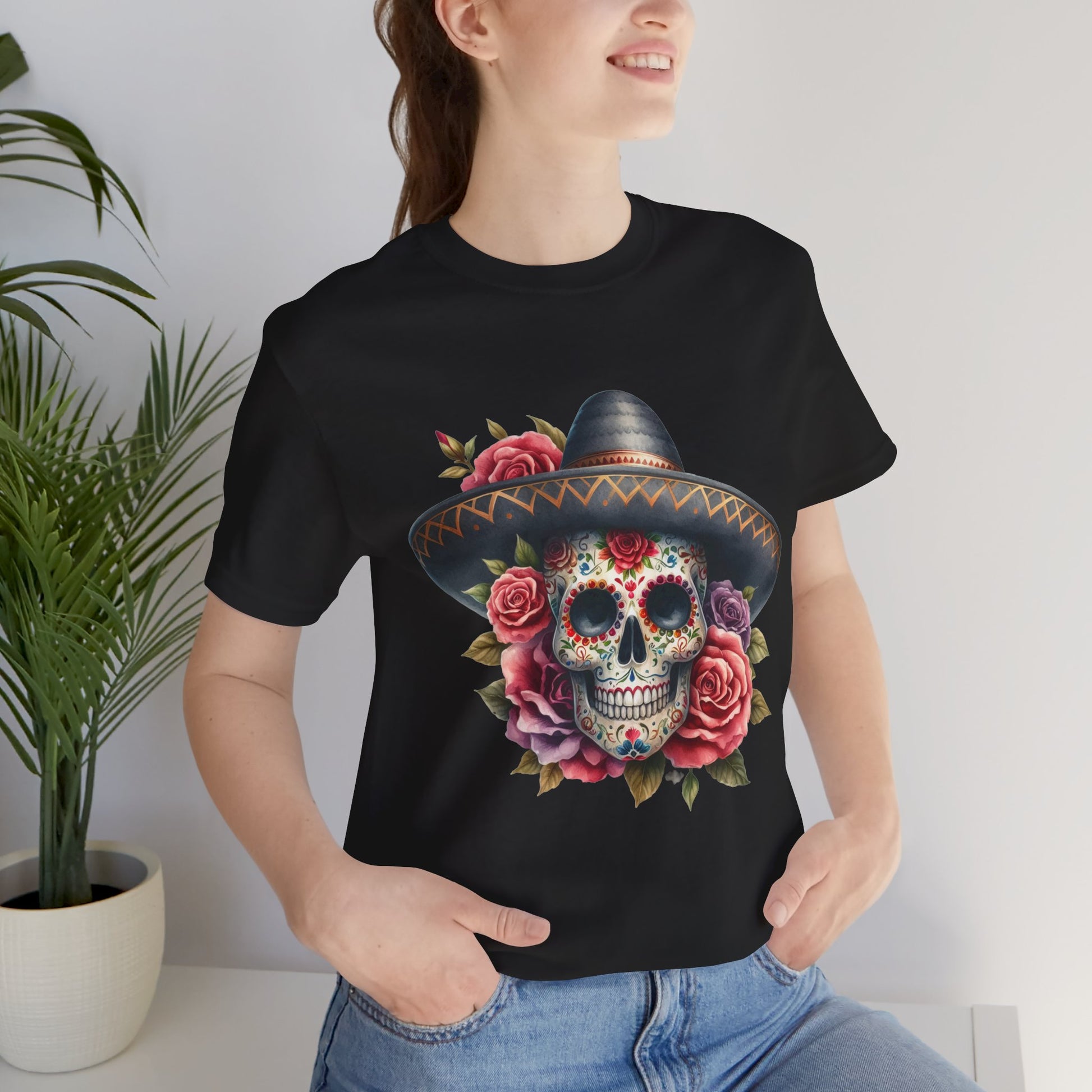 Colorful tee featuring a sugar skull in sombrero and roses for vibrant fiesta vibes