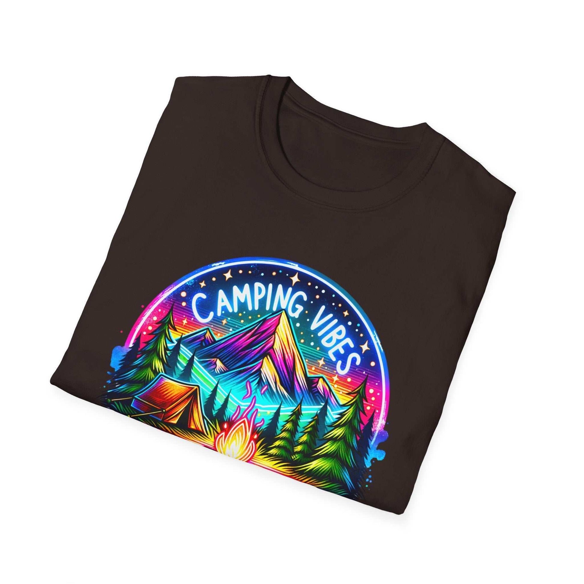 Unisex softstyle t-shirt with colorful camping vibes design featuring mountains, trees, tent, and campfire on black fabric
