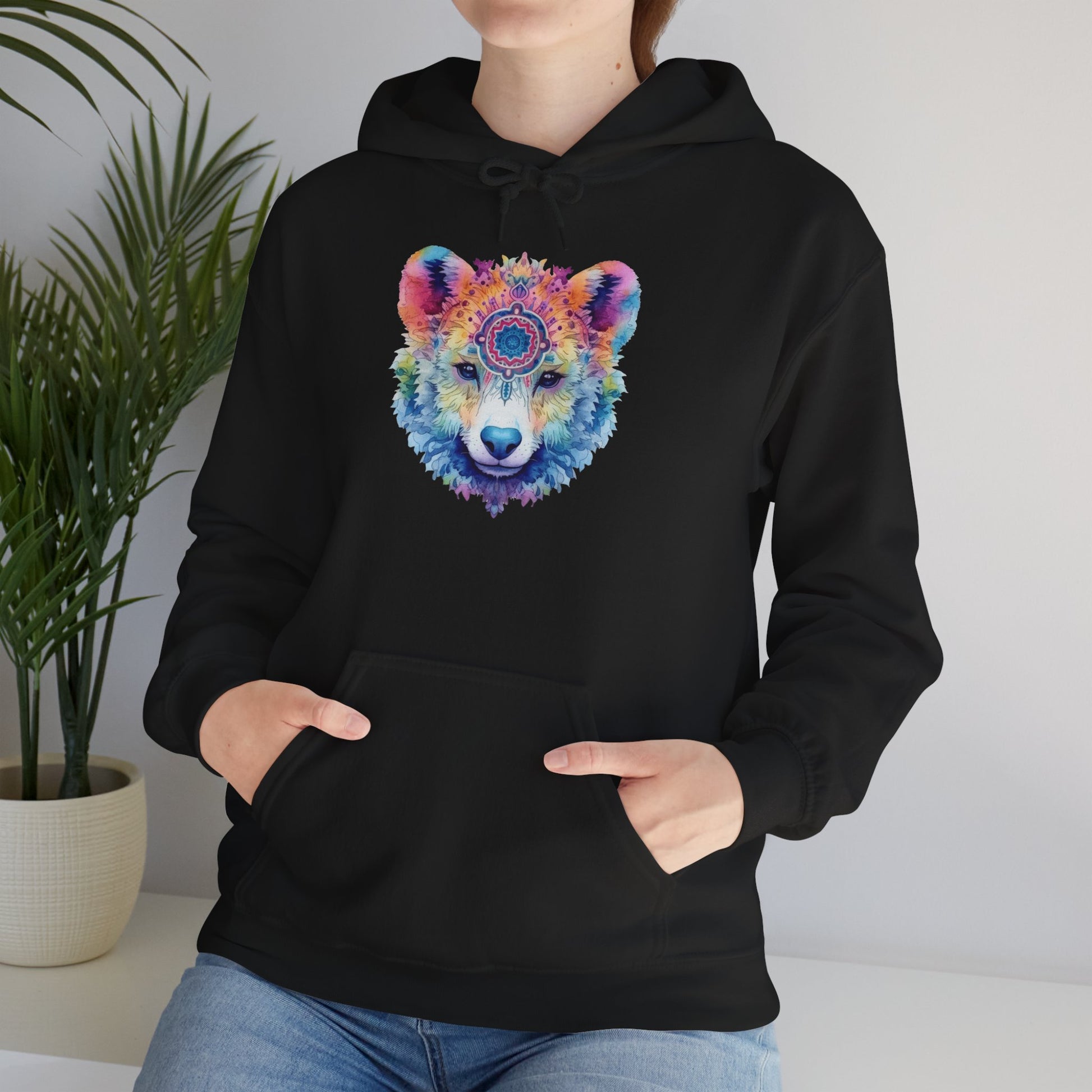 Mandala Bear Hoodie – Vibrant Watercolor Animal Art Sweatshirt for Bold, Free-Spirited Souls