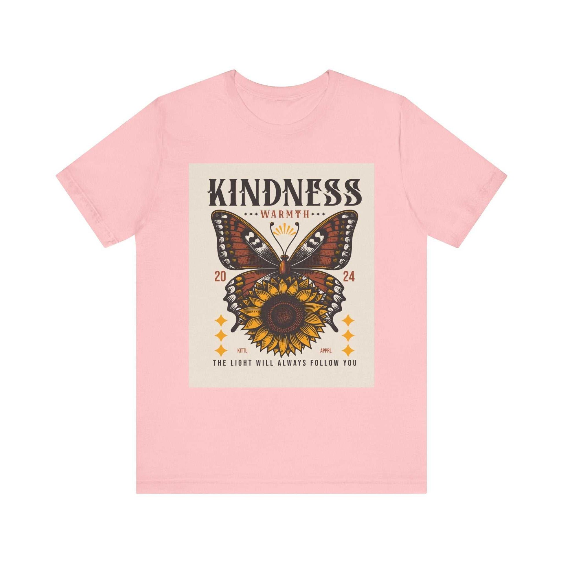 Pink unisex Kindness Butterfly Tee with a butterfly and sunflower graphic and inspirational text.