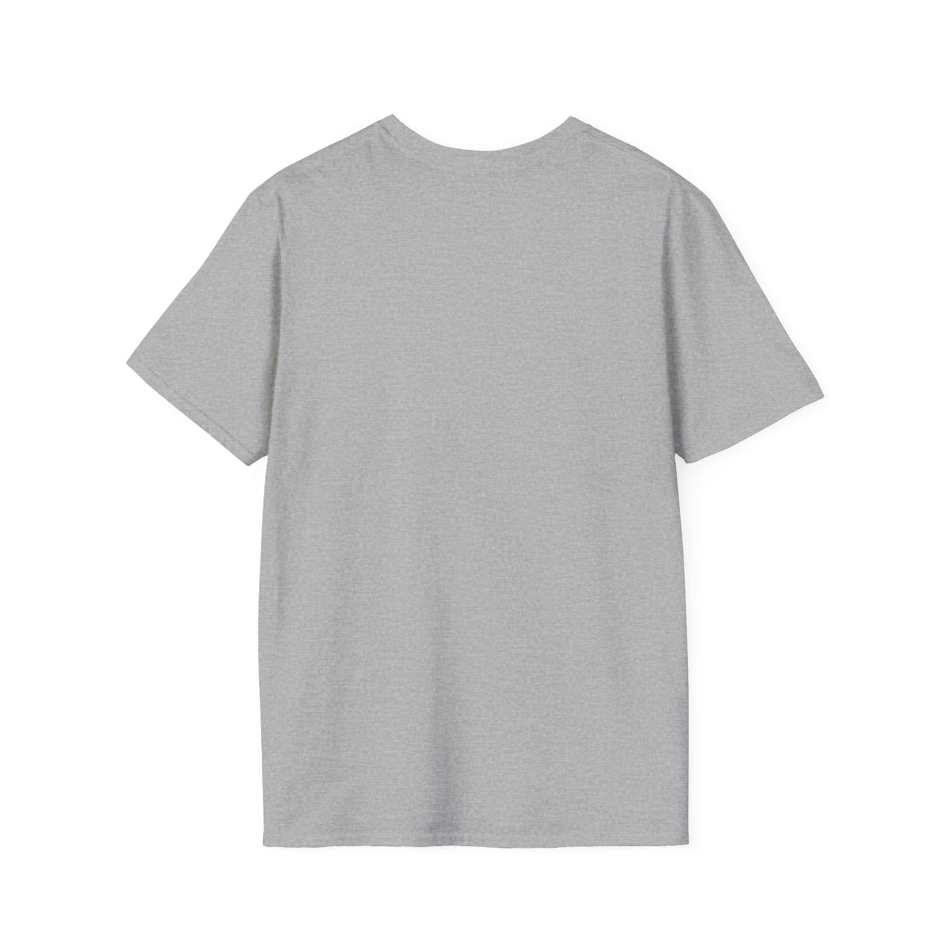 Back view of a plain grey Camping Adventure Unisex T-Shirt made of lightweight ring-spun cotton with short sleeves and crew neckline.