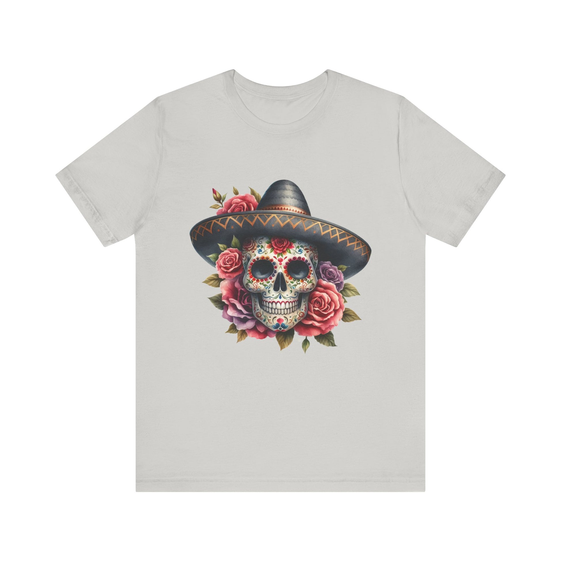 Colorful tee featuring a sugar skull in sombrero and roses for vibrant fiesta vibes
