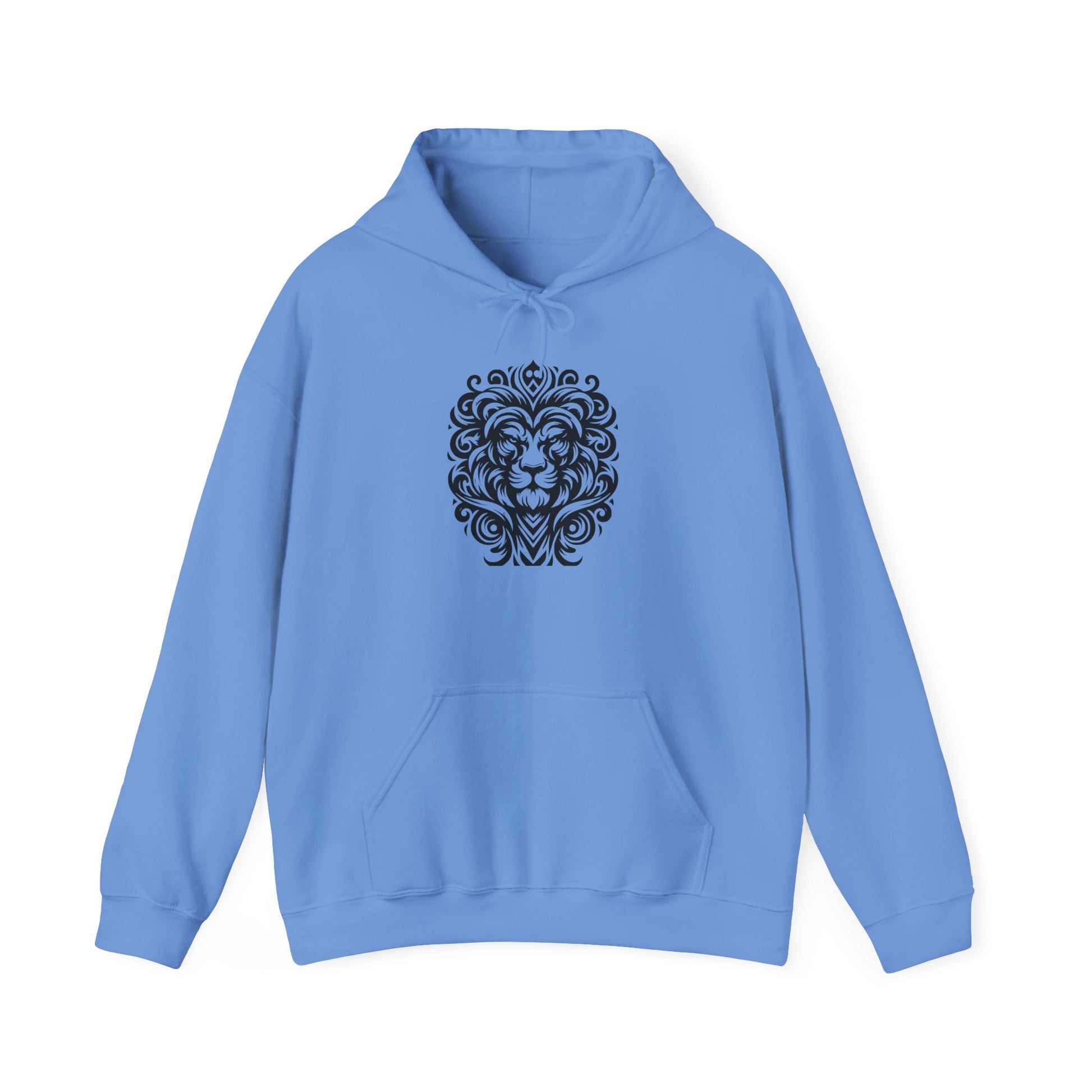 Majestic Tribal Lion Hoodie – Bold Strength in Black Ink Art