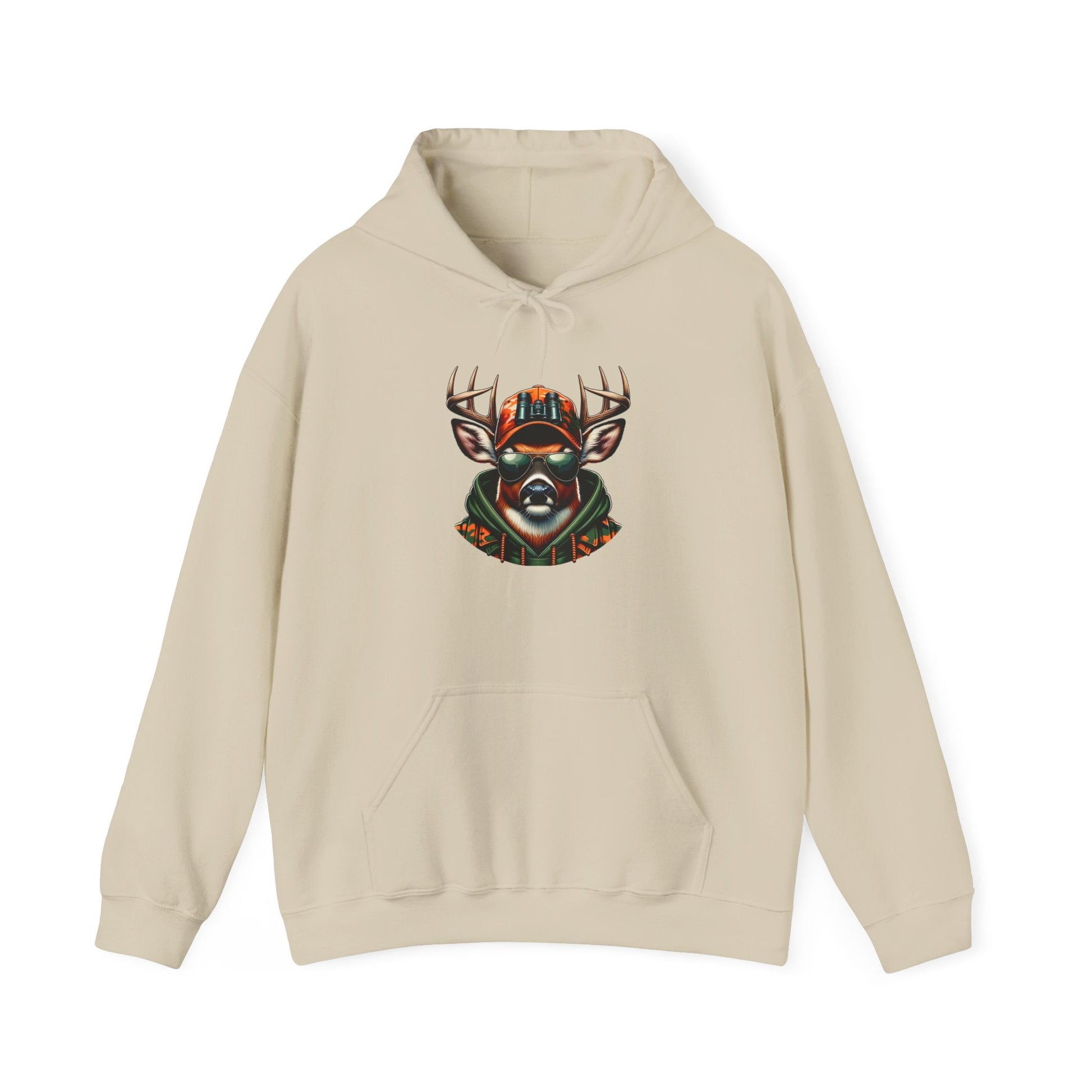 Beige hooded sweatshirt with bold colorful deer graphic and kangaroo pocket.