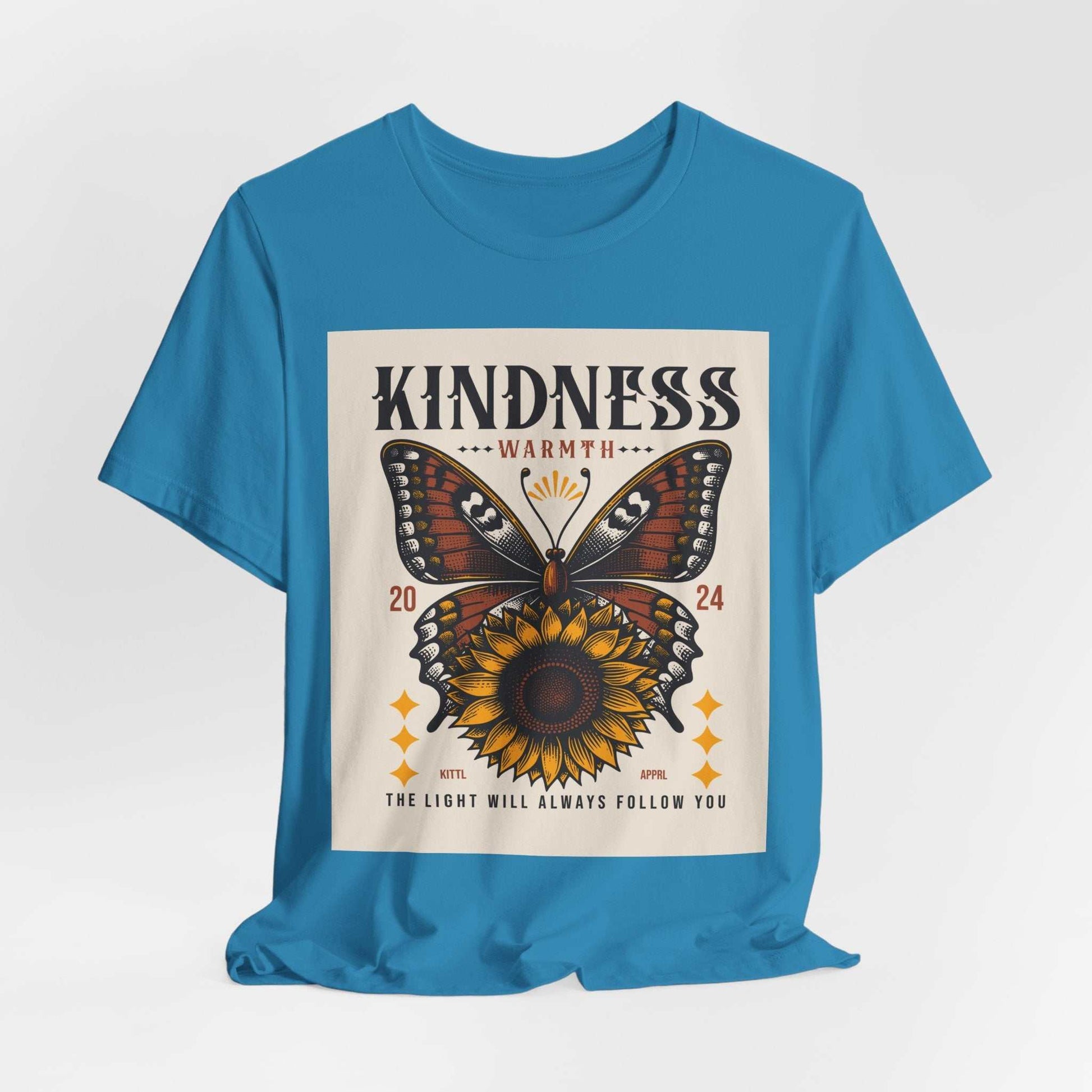 Blue Kindness Butterfly Tee with sunflower and butterfly design and inspirational text on front