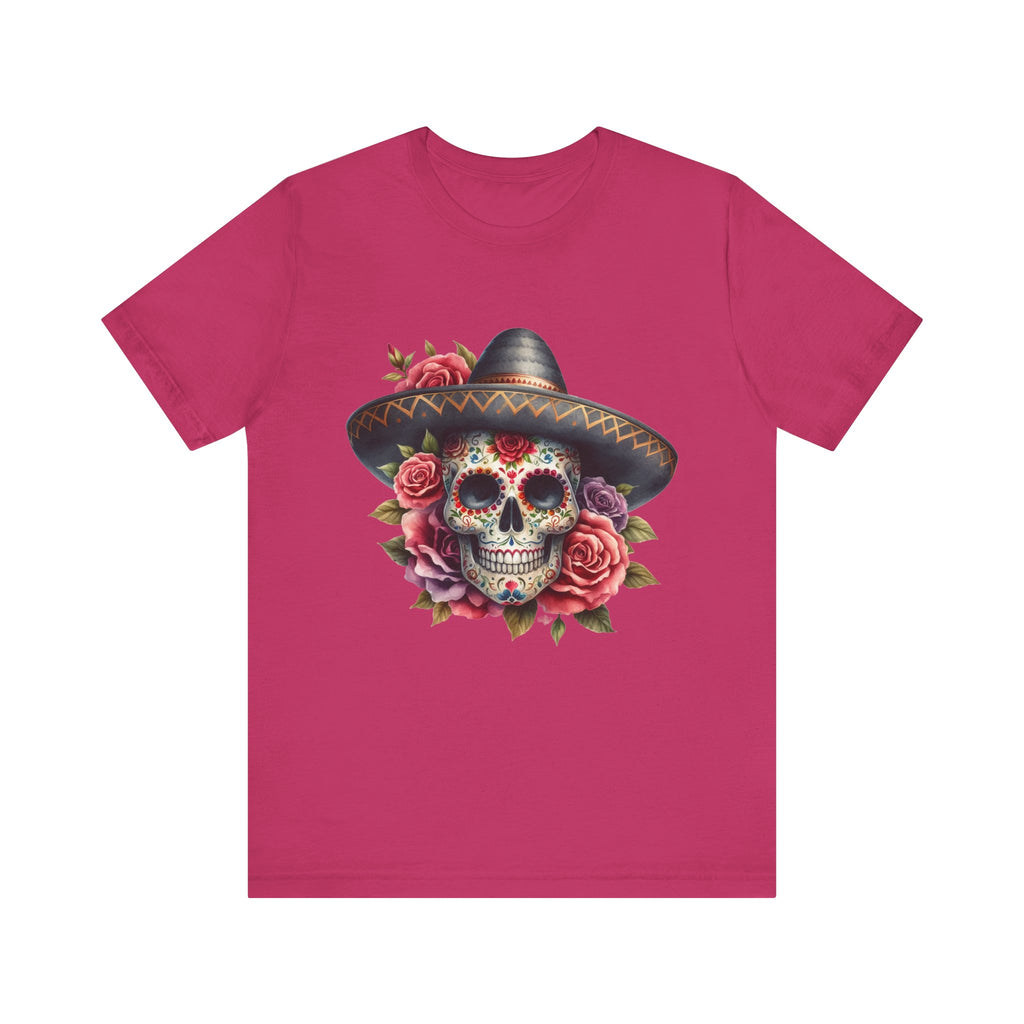 Colorful tee featuring a sugar skull in sombrero and roses for vibrant fiesta vibes