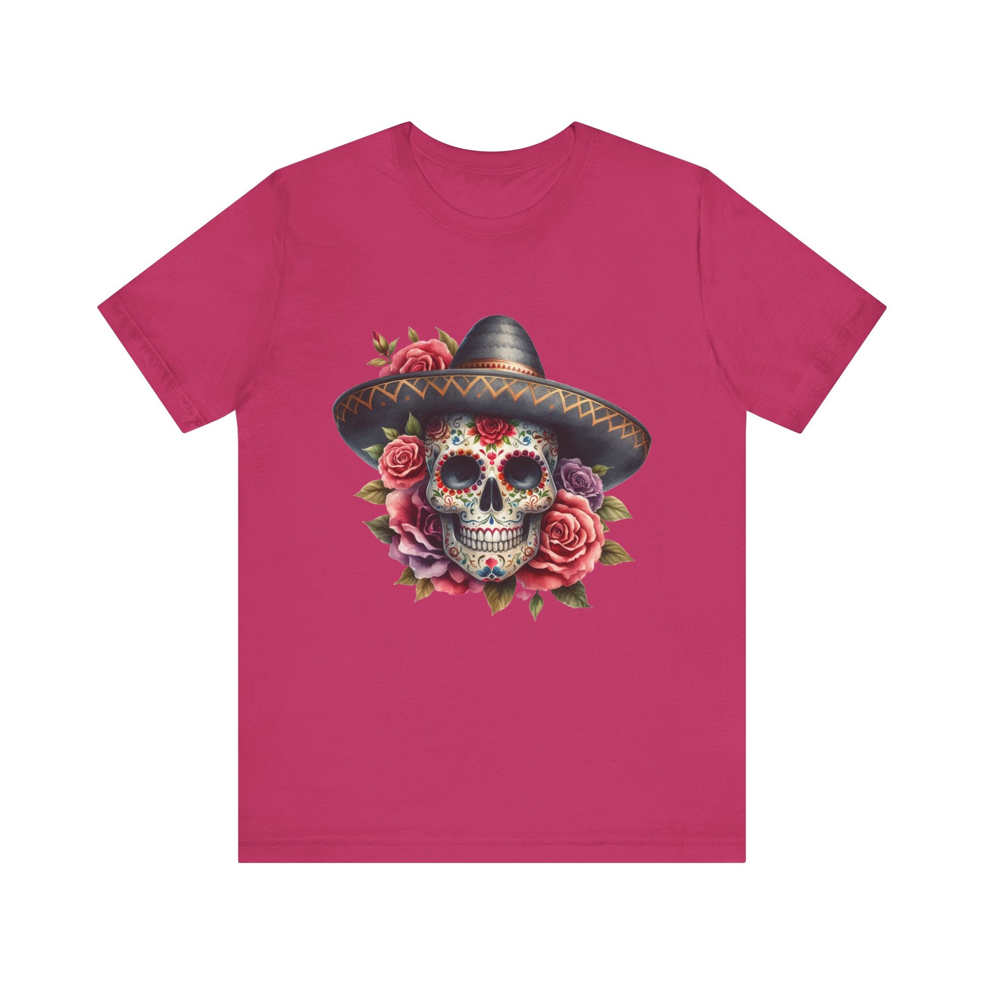 Colorful tee featuring a sugar skull in sombrero and roses for vibrant fiesta vibes