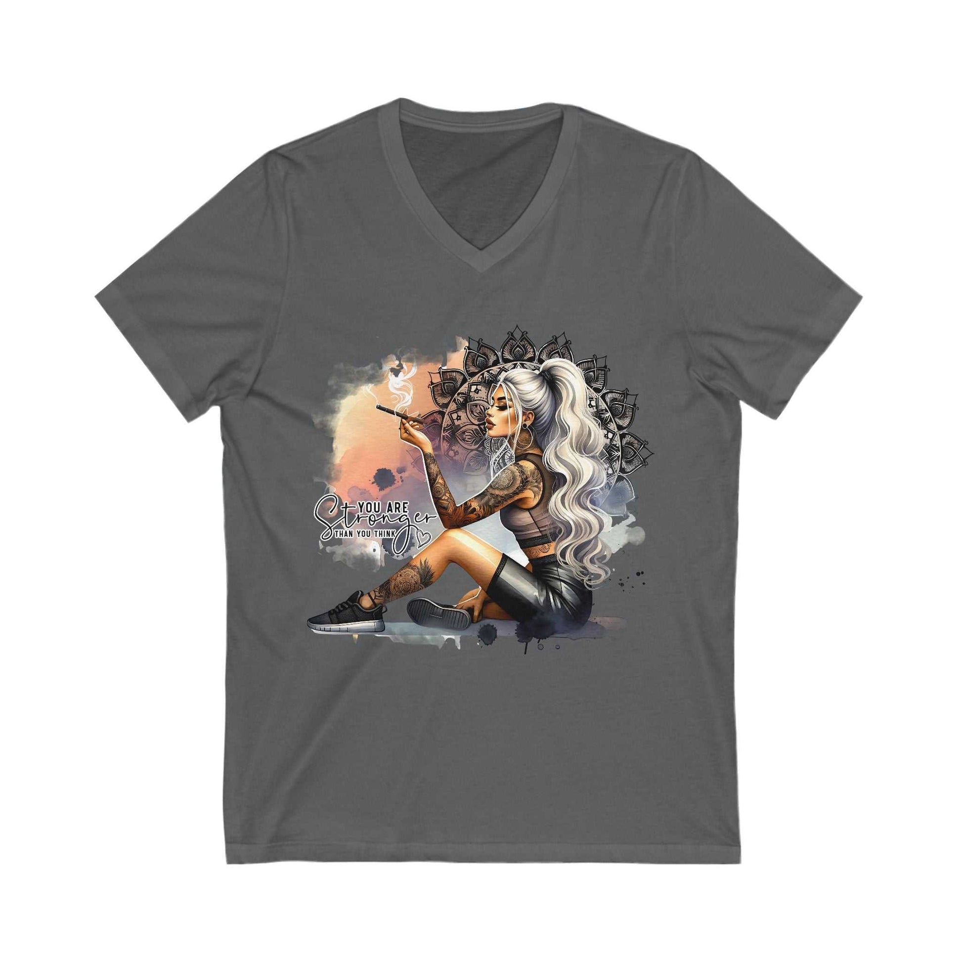 YOU ARE STRONGER V Neck gray unisex cotton t-shirt with edgy tattooed woman graphic and inspirational text design