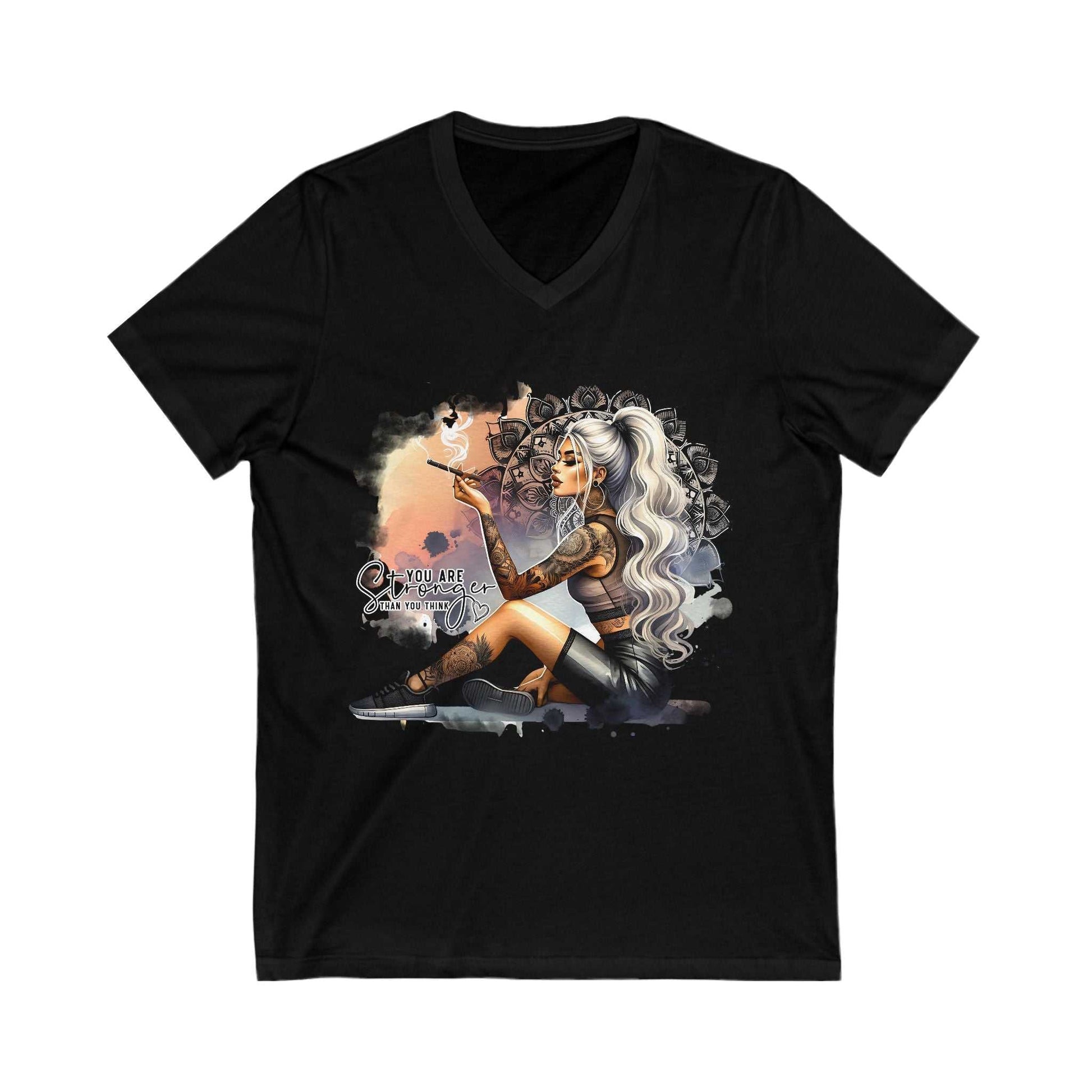 Black V-neck t-shirt with artistic graphic of a tattooed woman and "YOU ARE STRONGER" motivational text