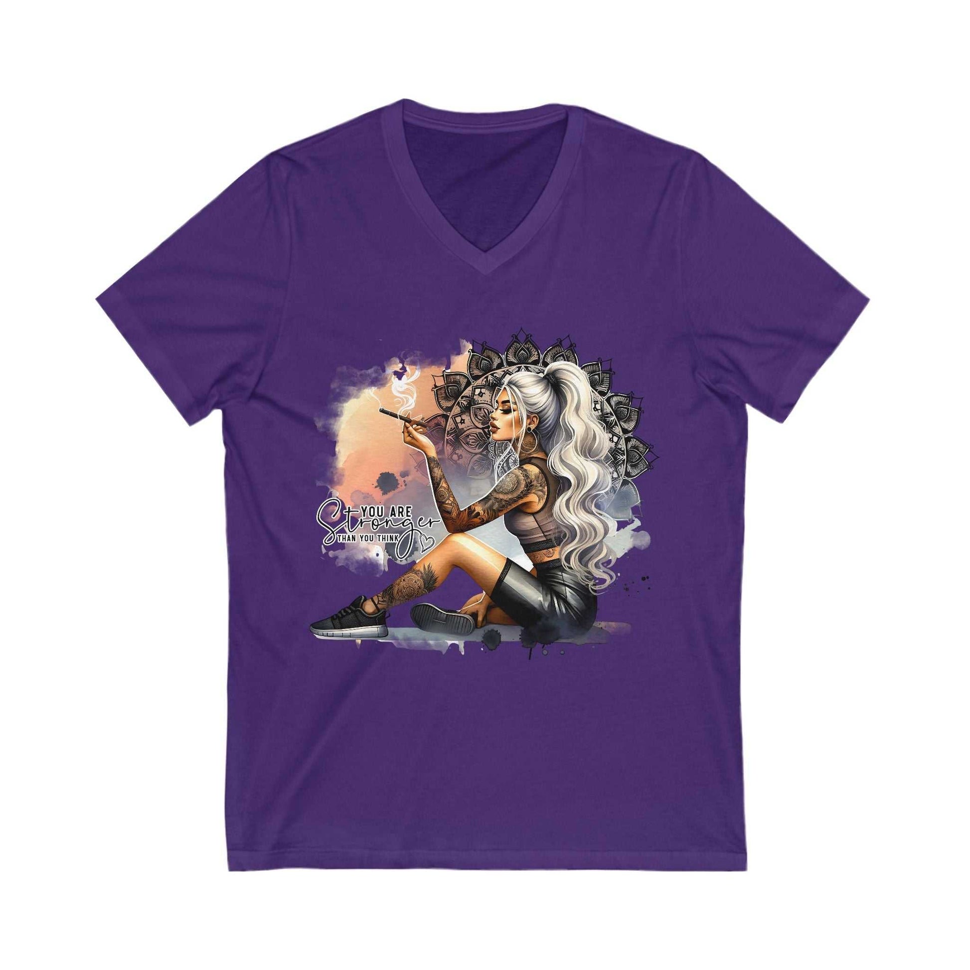 Purple YOU ARE STRONGER V Neck t-shirt with artistic graphic of a seated woman with long white hair and tattoos, wearing black outfit and sneakers.