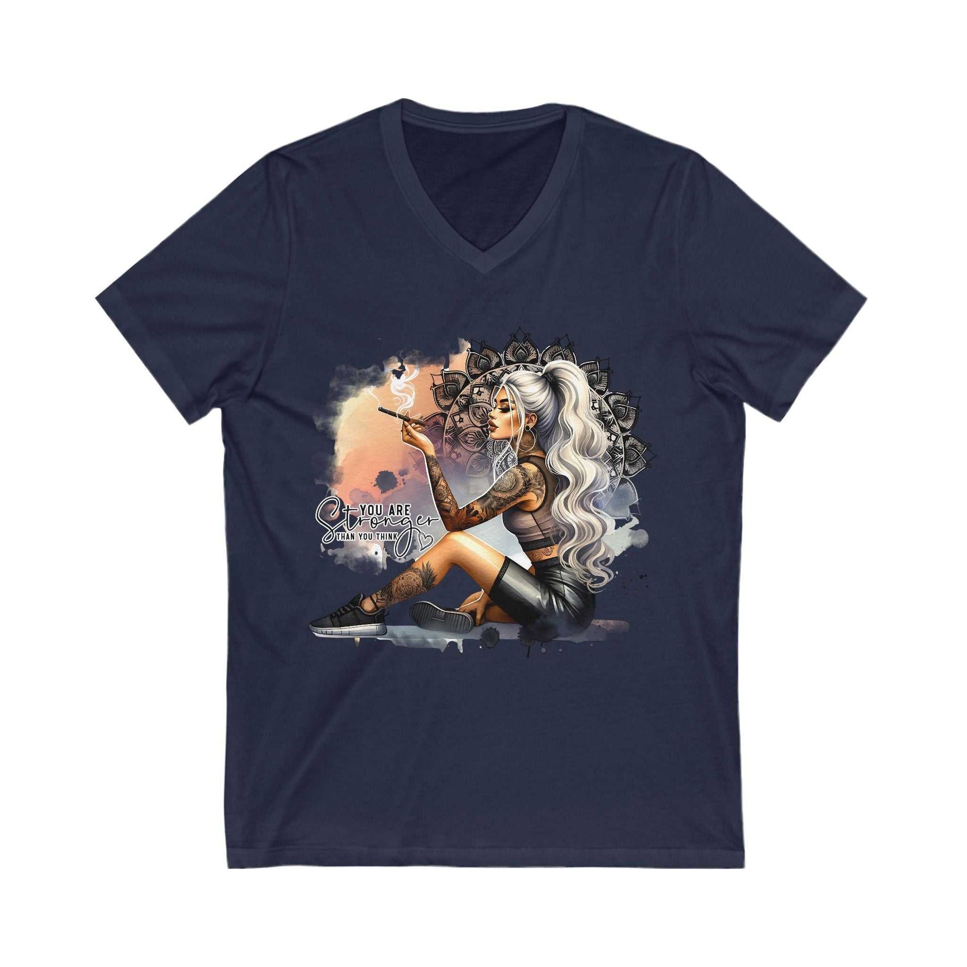 Navy V-neck t-shirt with "YOU ARE STRONGER" graphic featuring a tattooed woman with long silver hair sitting and smoking.
