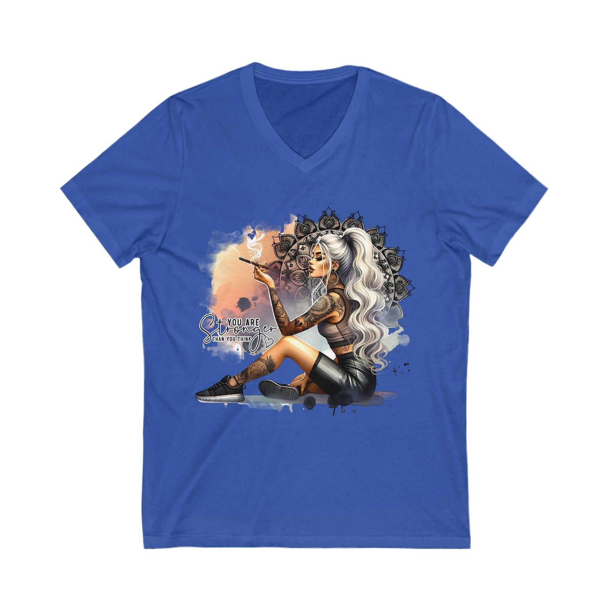 Blue V-neck T-shirt featuring a tattooed woman with long white hair and the text "You Are Stronger" graphic design