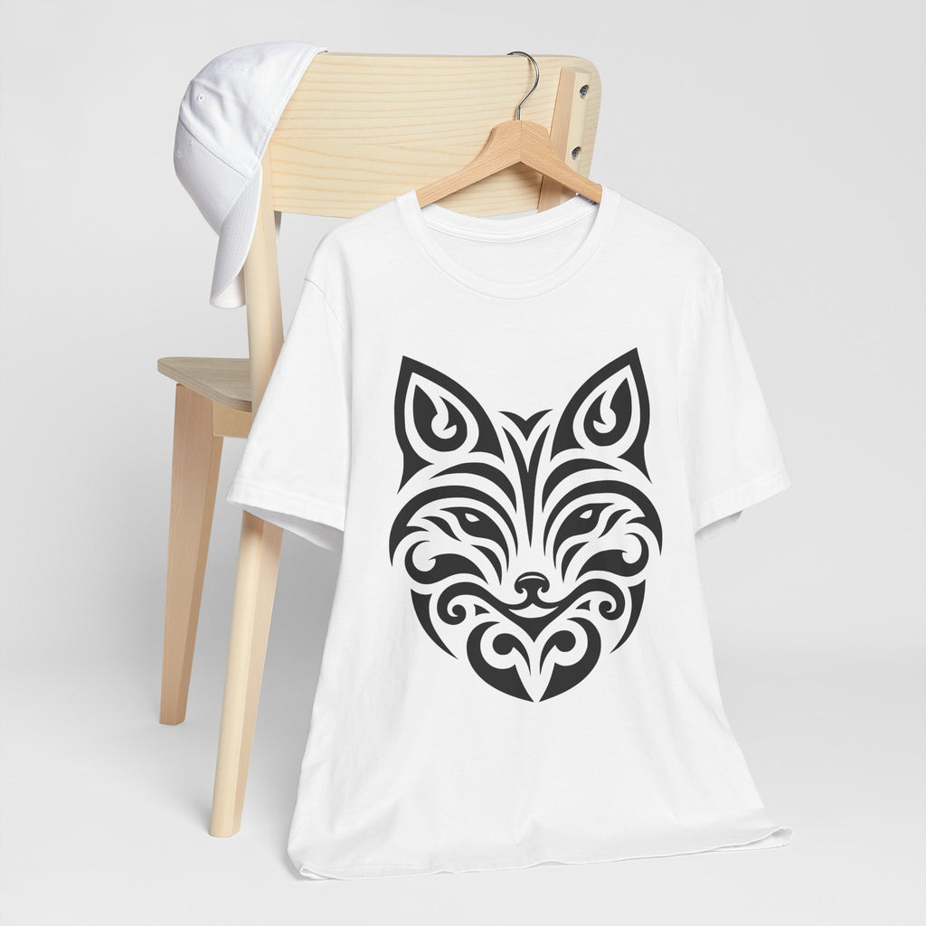 Sleek tee with a bold black tribal fox design, offered in multiple color choices