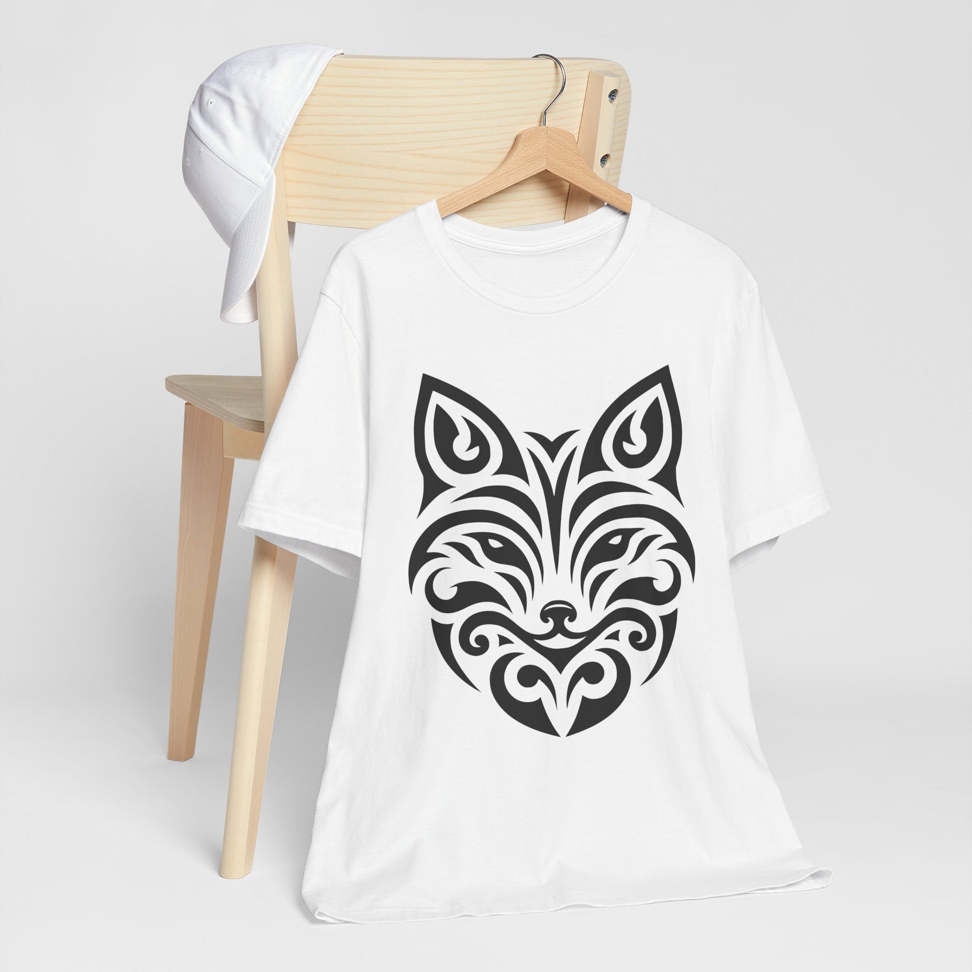 Sleek tee with a bold black tribal fox design, offered in multiple color choices