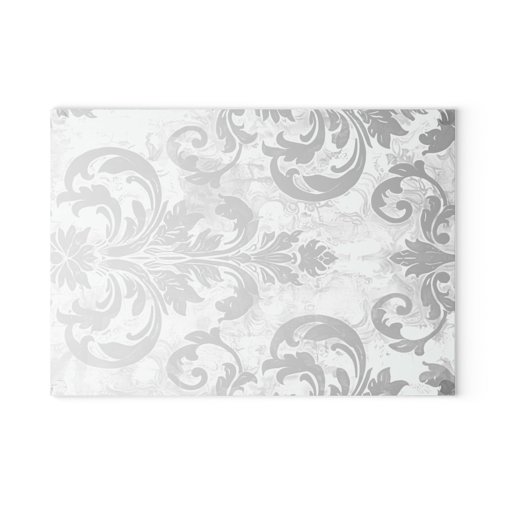 Mint and Gray Baroque Glass Cutting Board with Black Flourish Pattern