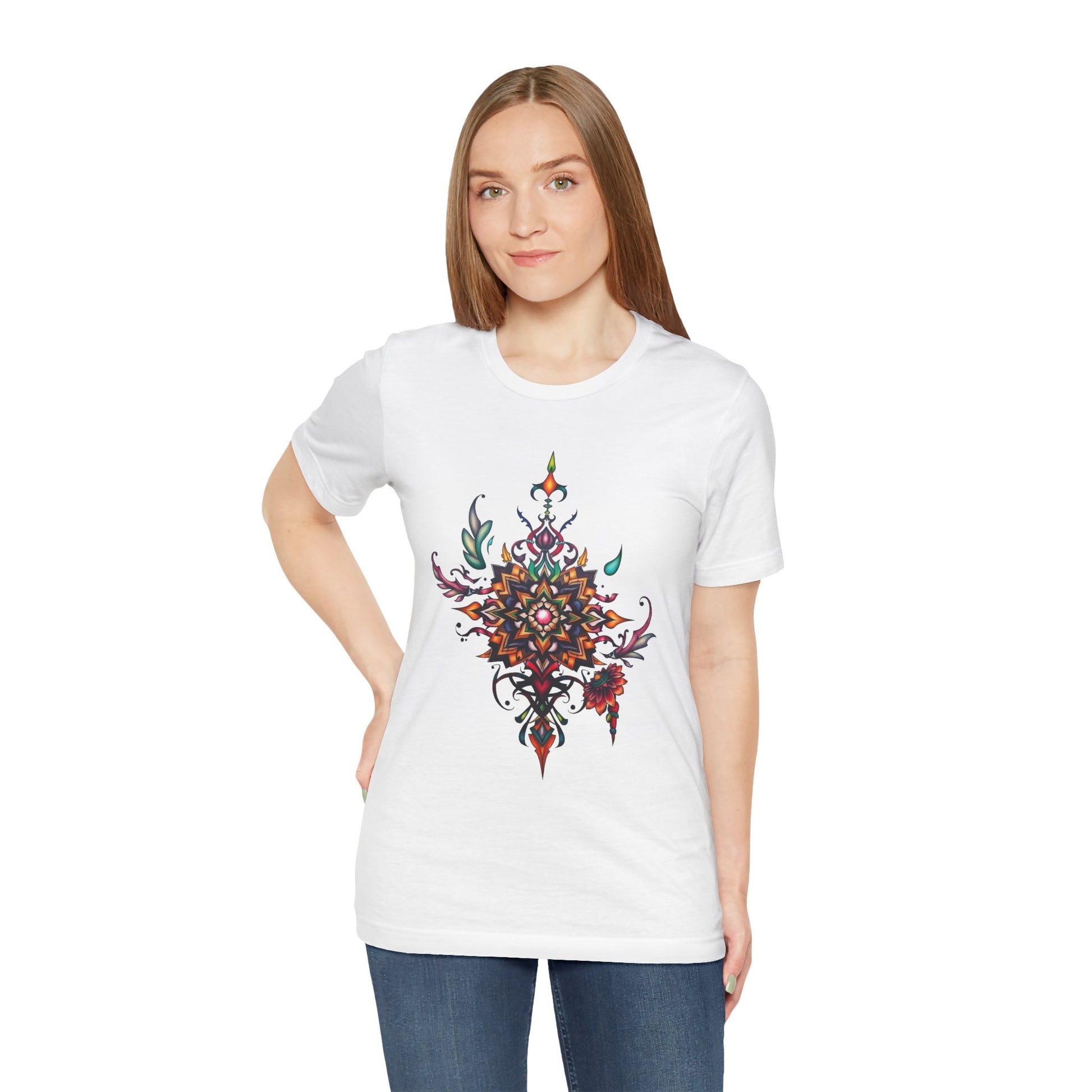 Colorful tee with an ornate mandala and floral design, available in vibrant color options