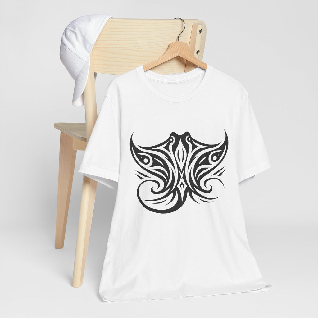 Tribal Manta Ray Tee – Bold Ocean Spirit Art on Sand-Colored Shirt