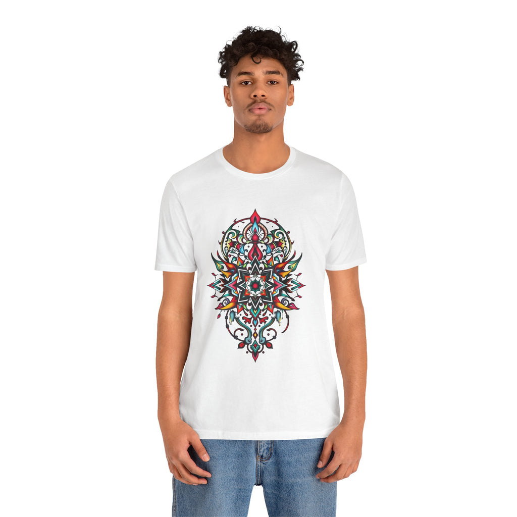 Bold tee featuring a vibrant, intricate mandala design, offered in multiple color options