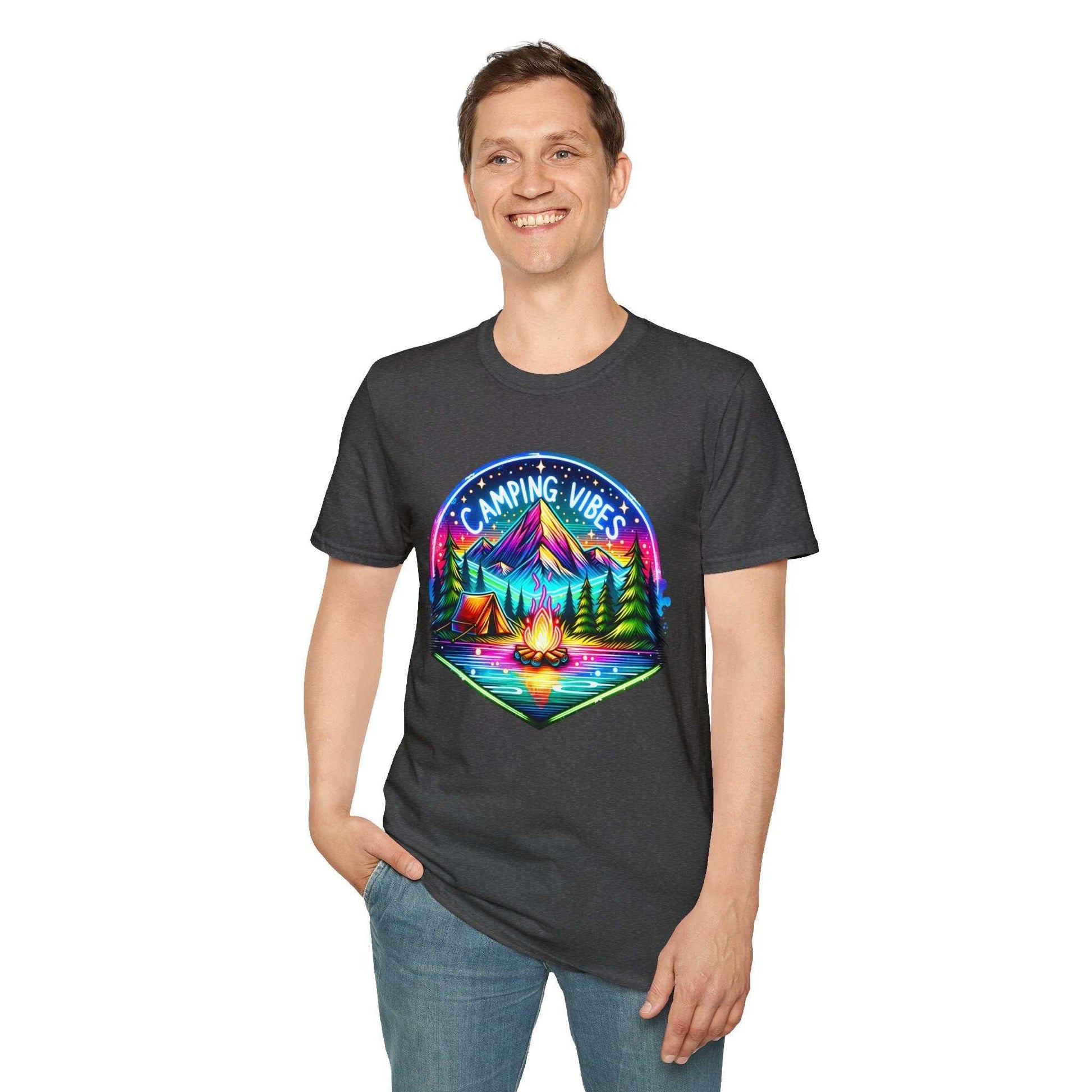 Man wearing black Camping Vibes Unisex softstyle t-shirt with colorful mountain and campfire graphic