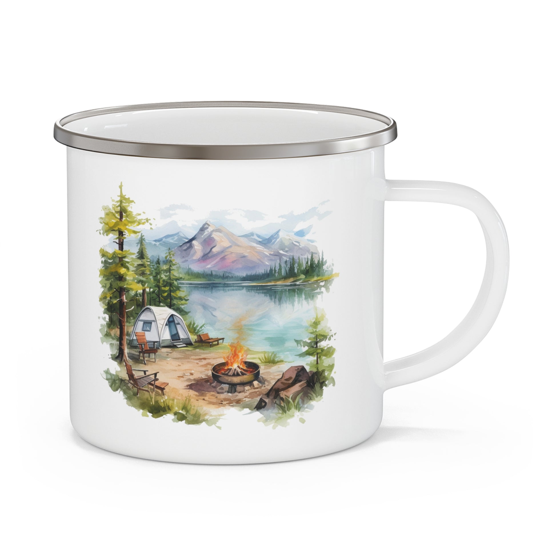 Lakefront Camping Enamel Mug with Mountains and A-Frame Tent Art