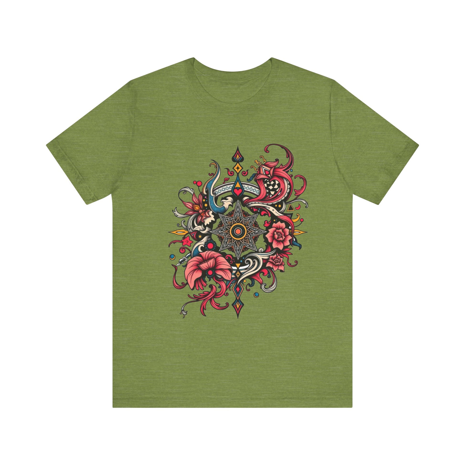 Vibrant tee with ornate red floral mandala design, offered in multiple bold color options