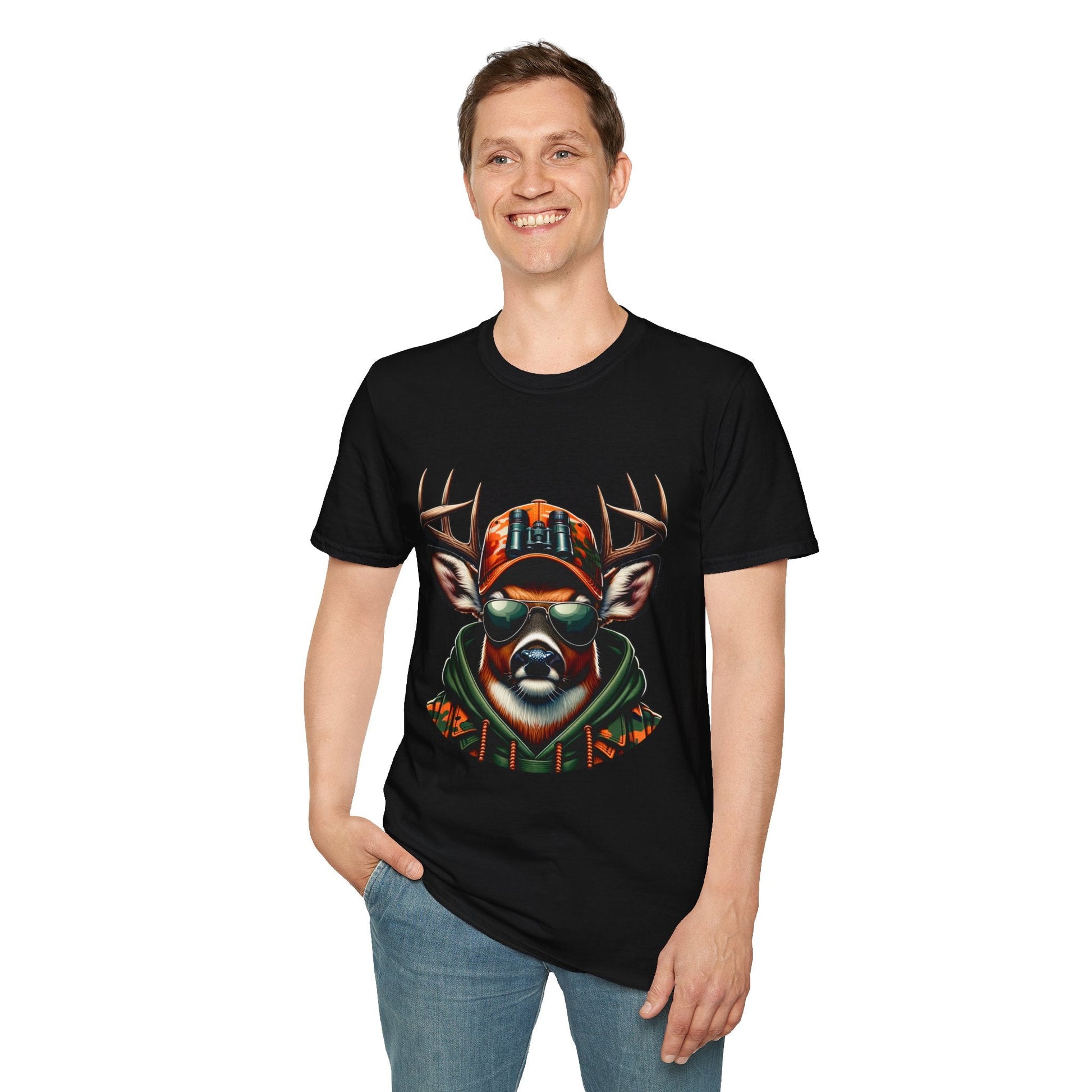 Smiling man wearing black Hunting Enthusiast T-Shirt with stylish deer graphic in sunglasses and cap.