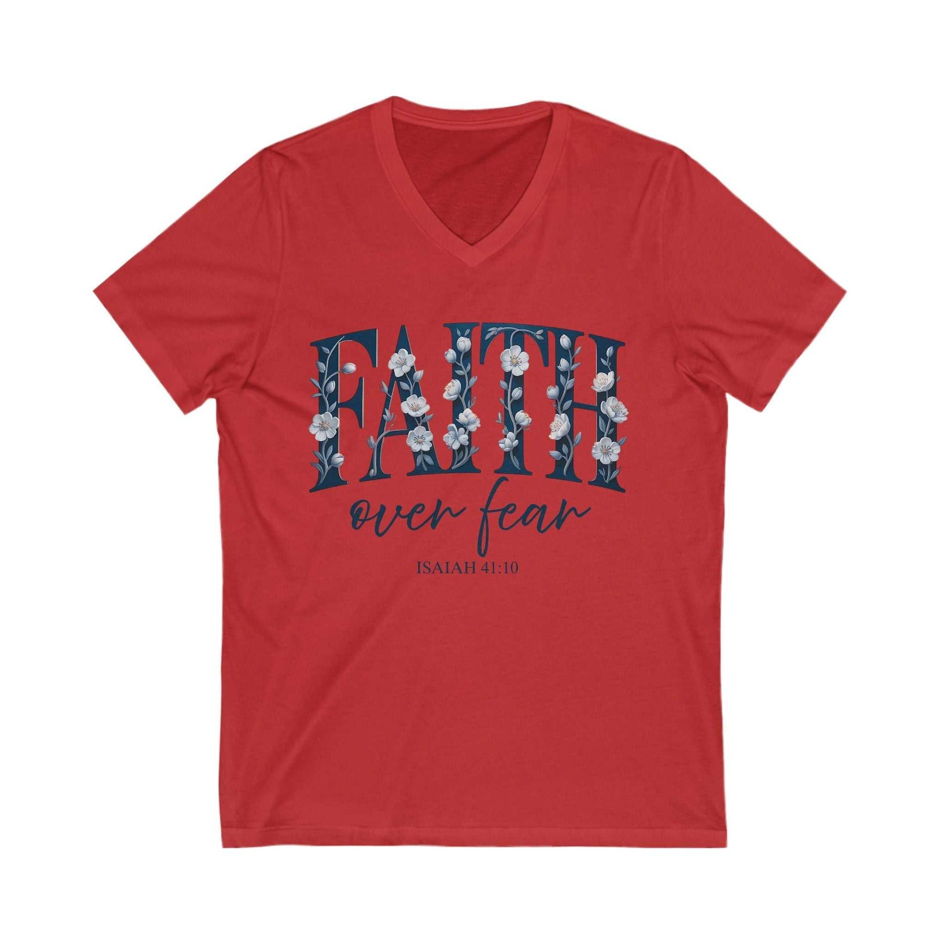 Red Faith Over Fear V-neck tee with floral text design and Isaiah 41:10 scripture print
