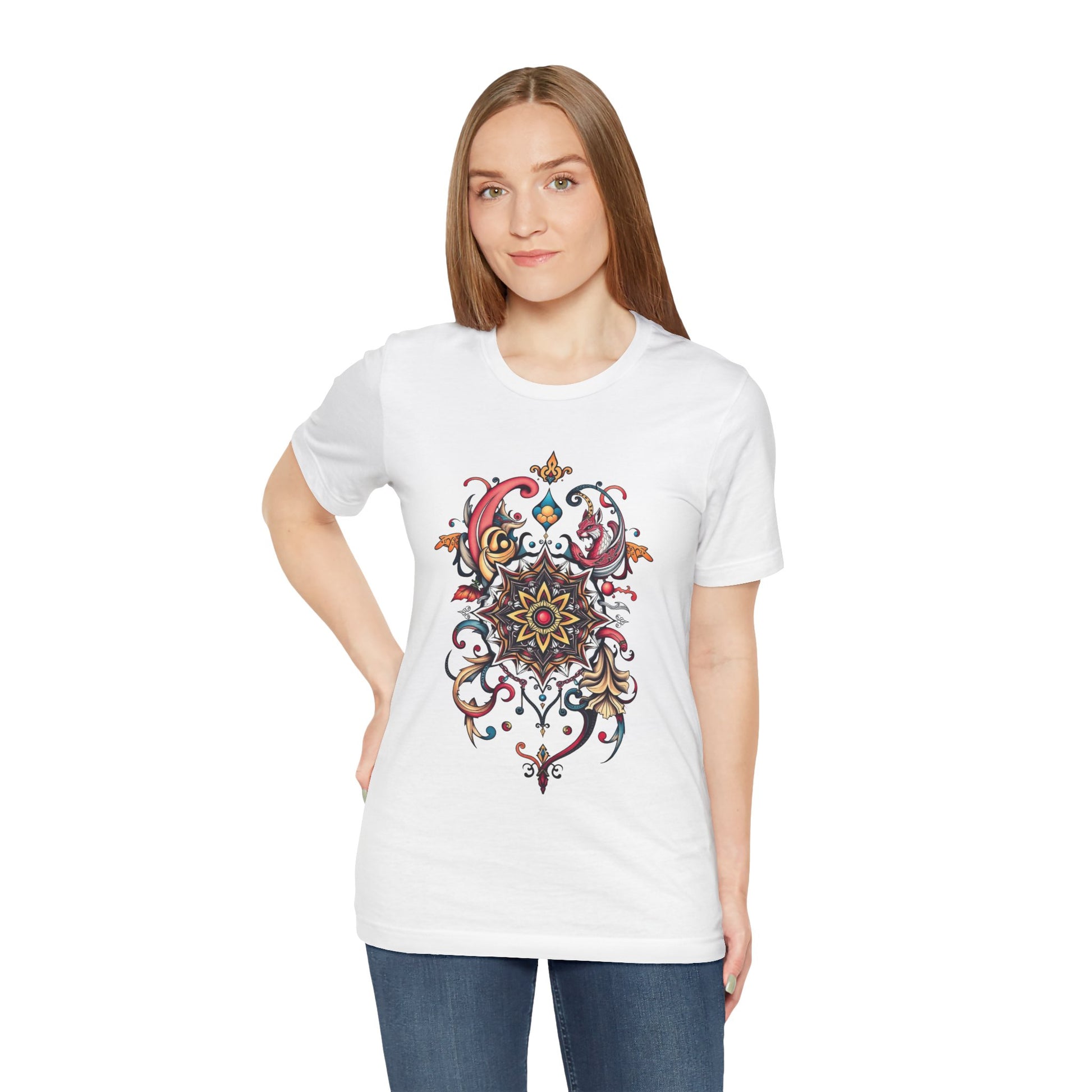Vibrant tee with swirling mandala in reds, golds, and teal, available in many colors