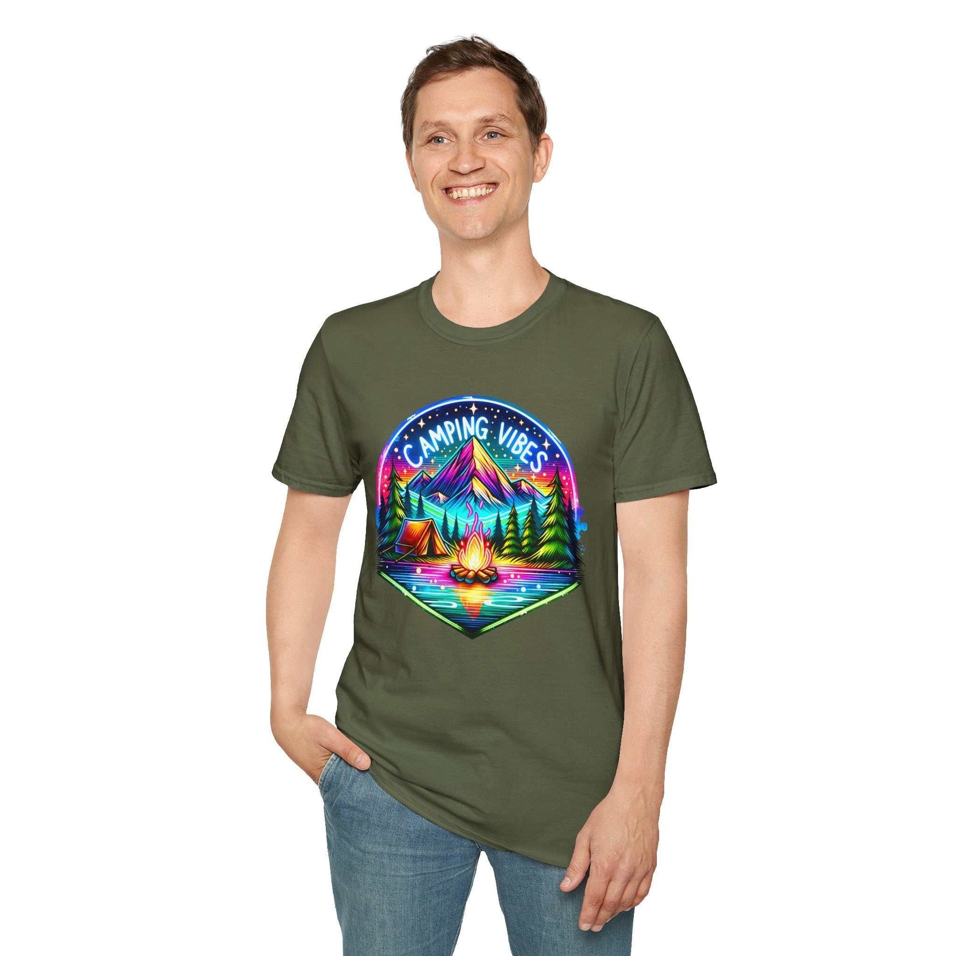 Man wearing olive green Camping Vibes Unisex Softstyle T-Shirt with colorful camping design on front