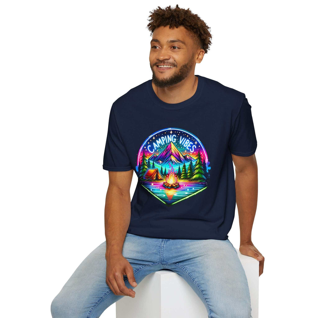 Man wearing navy blue Camping Vibes Unisex softstyle t-shirt with colorful camping and mountain graphic design