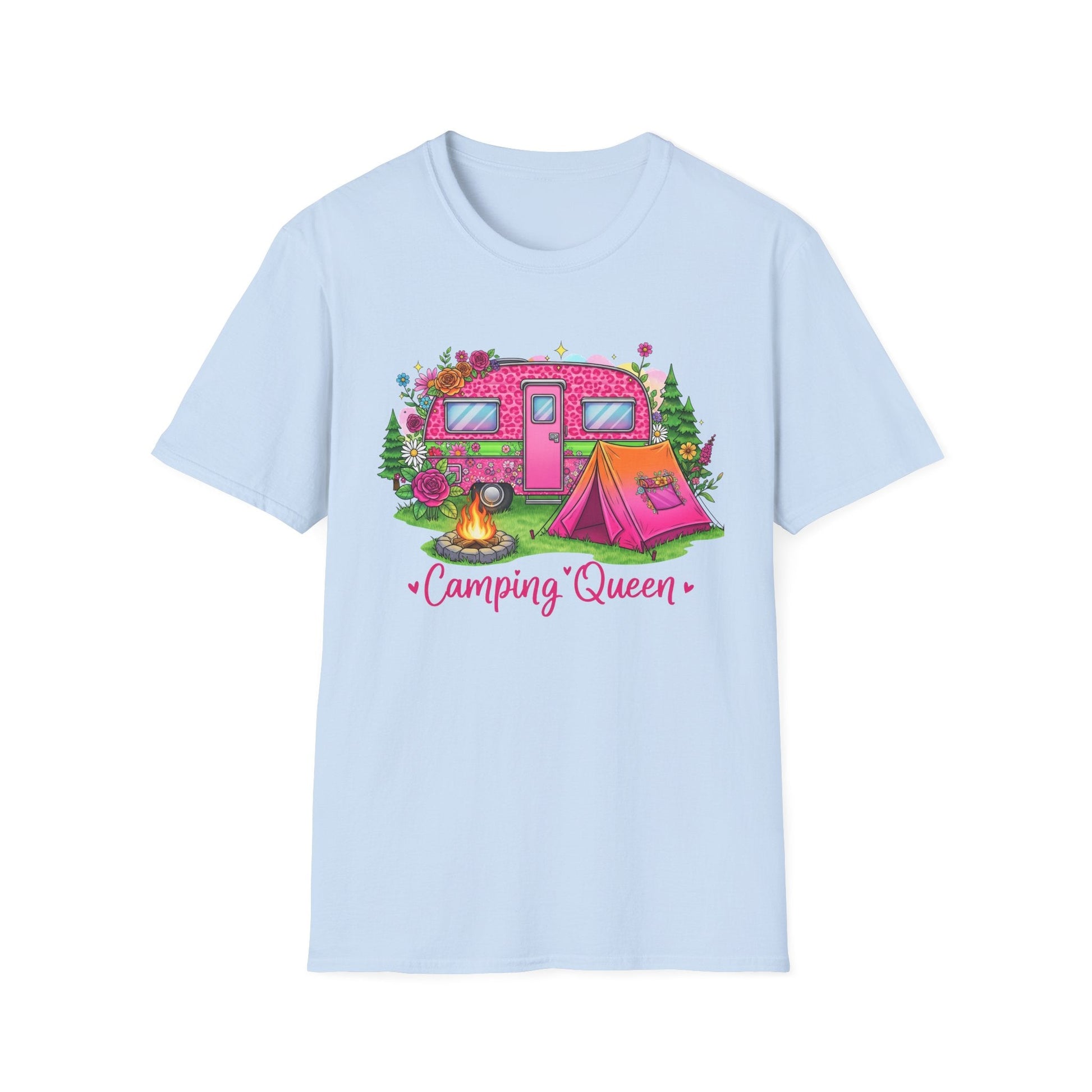 Light blue Camping Queen T-Shirt featuring a pink camper, tent, campfire, and trees graphic design.