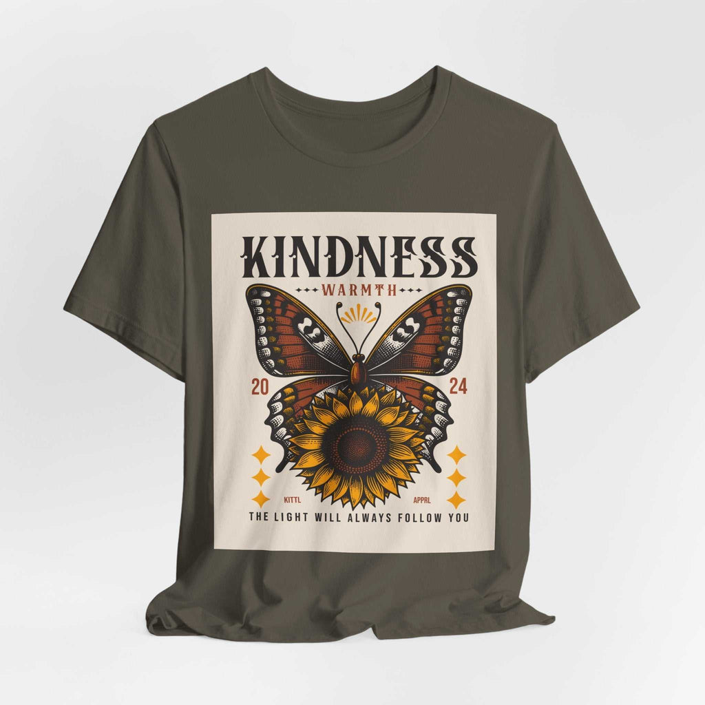 Unisex Kindness Butterfly Tee with sunflower and butterfly design, made of breathable cotton, promoting positivity and warmth.