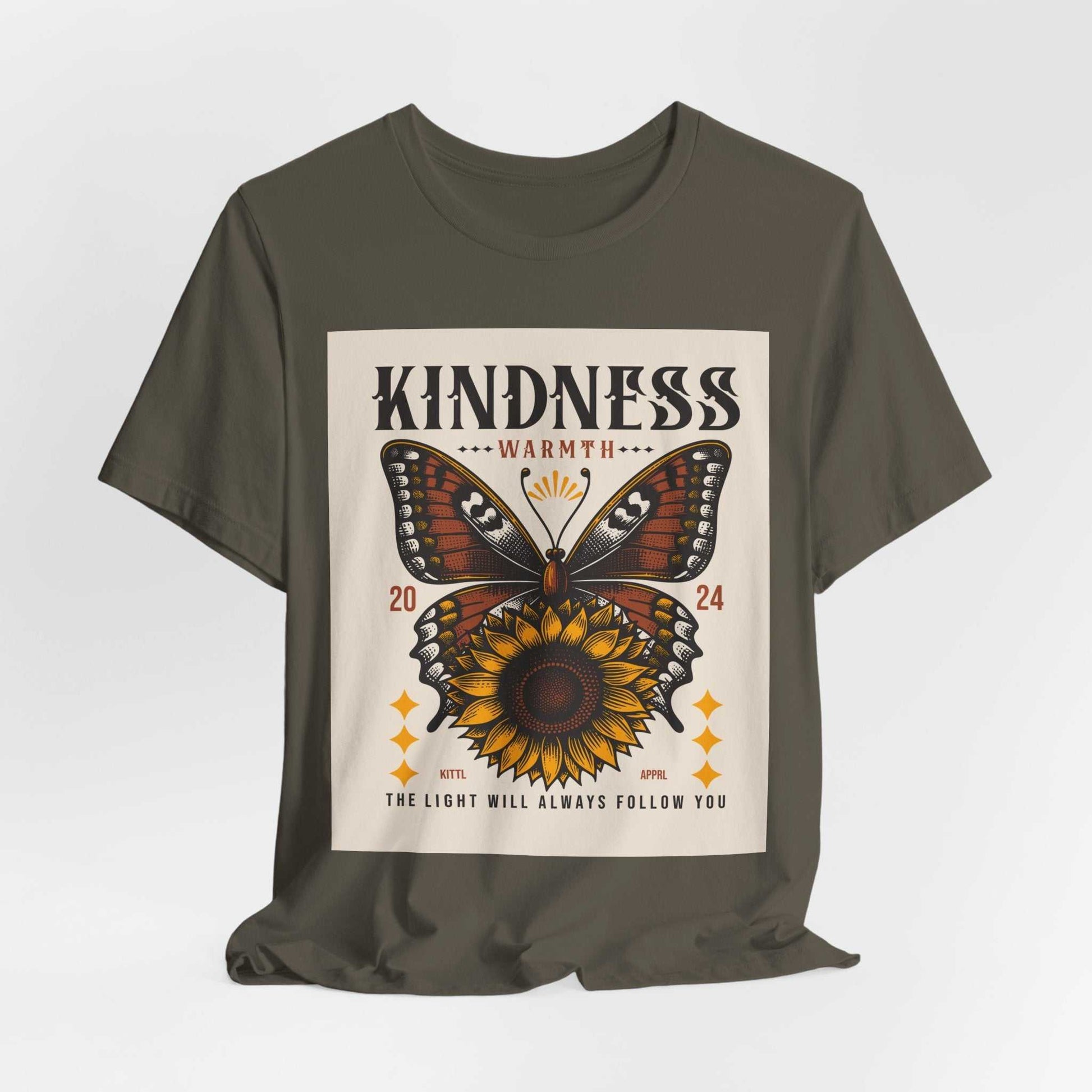 Unisex Kindness Butterfly Tee with sunflower and butterfly design, made of breathable cotton, promoting positivity and warmth.